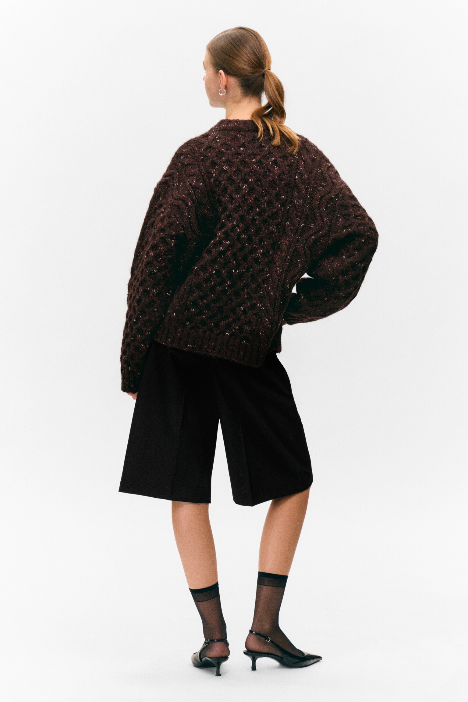 Long Cable Knit Textured Sweater - Dark Purple - Pink Neps/Beige - Pink Neps - 4