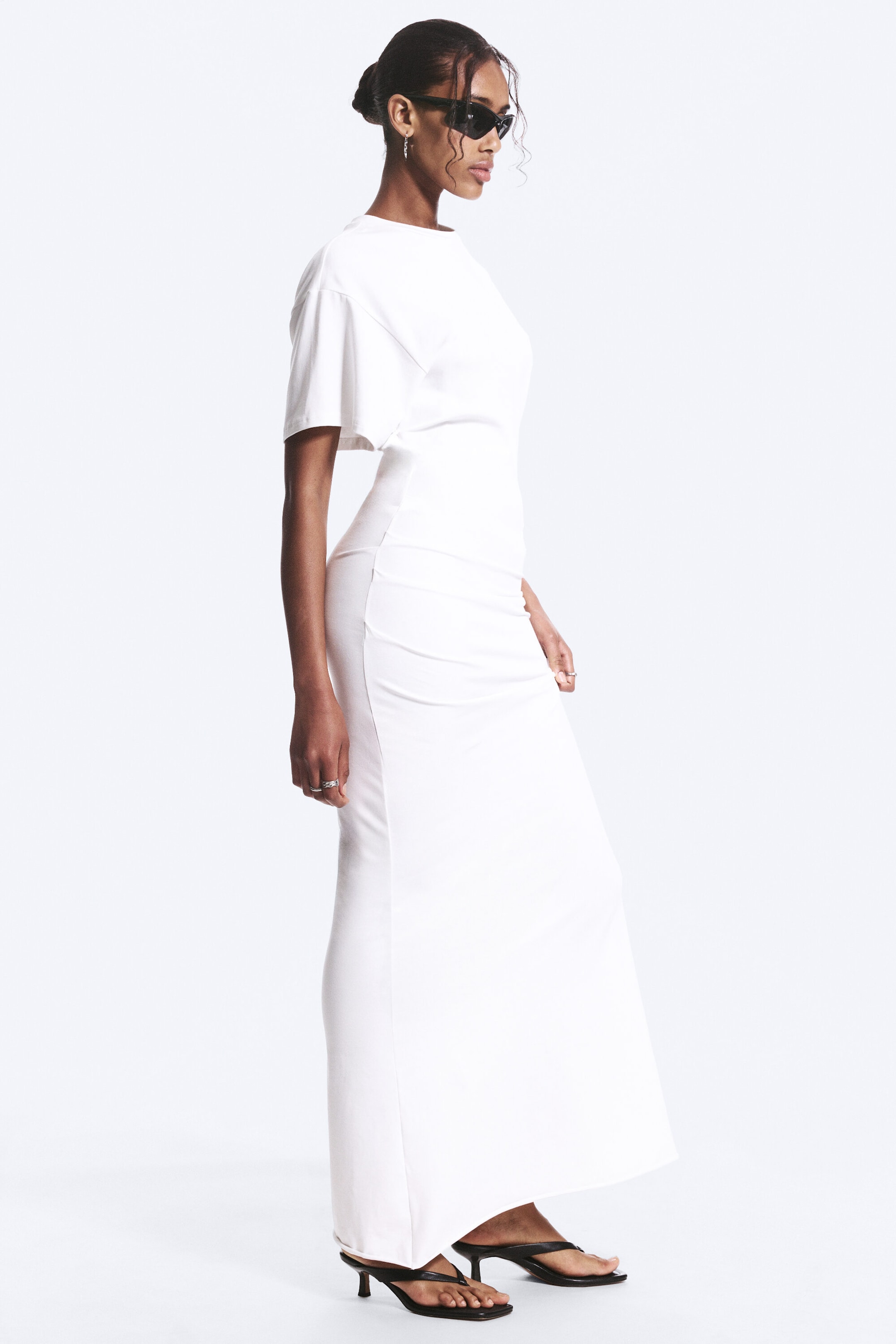 White - Gathered Short-Sleeved Maxi Dress - 2
