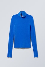 Leuchtendes Blau - Rippstrick-Pullover aus Chenille mit Stehkragen - 0