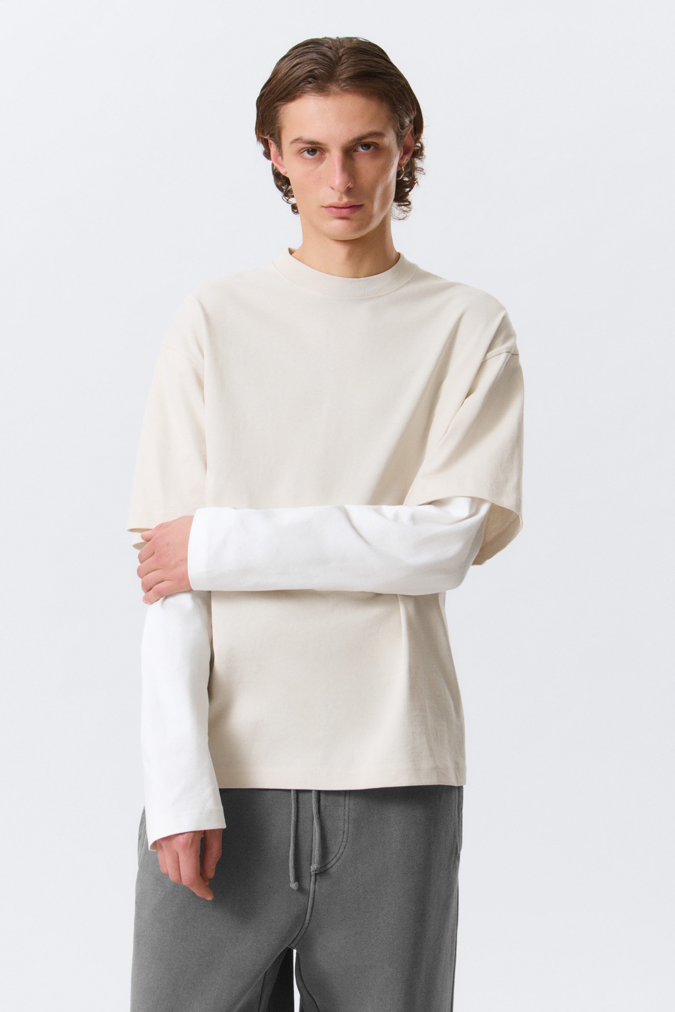 Light Beige & White - Double-Layered Cotton T-shirt - 0