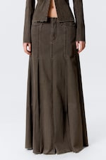 Dark Grey - Mid-Rise Frayed Pleated Maxi Skirt - 2