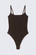 Dark Brown - Stella Ribbed Scoop-Neck Bodysuit - 0