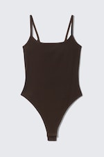Mörkbrun - Ribbad bodysuit med djup ringning - 0