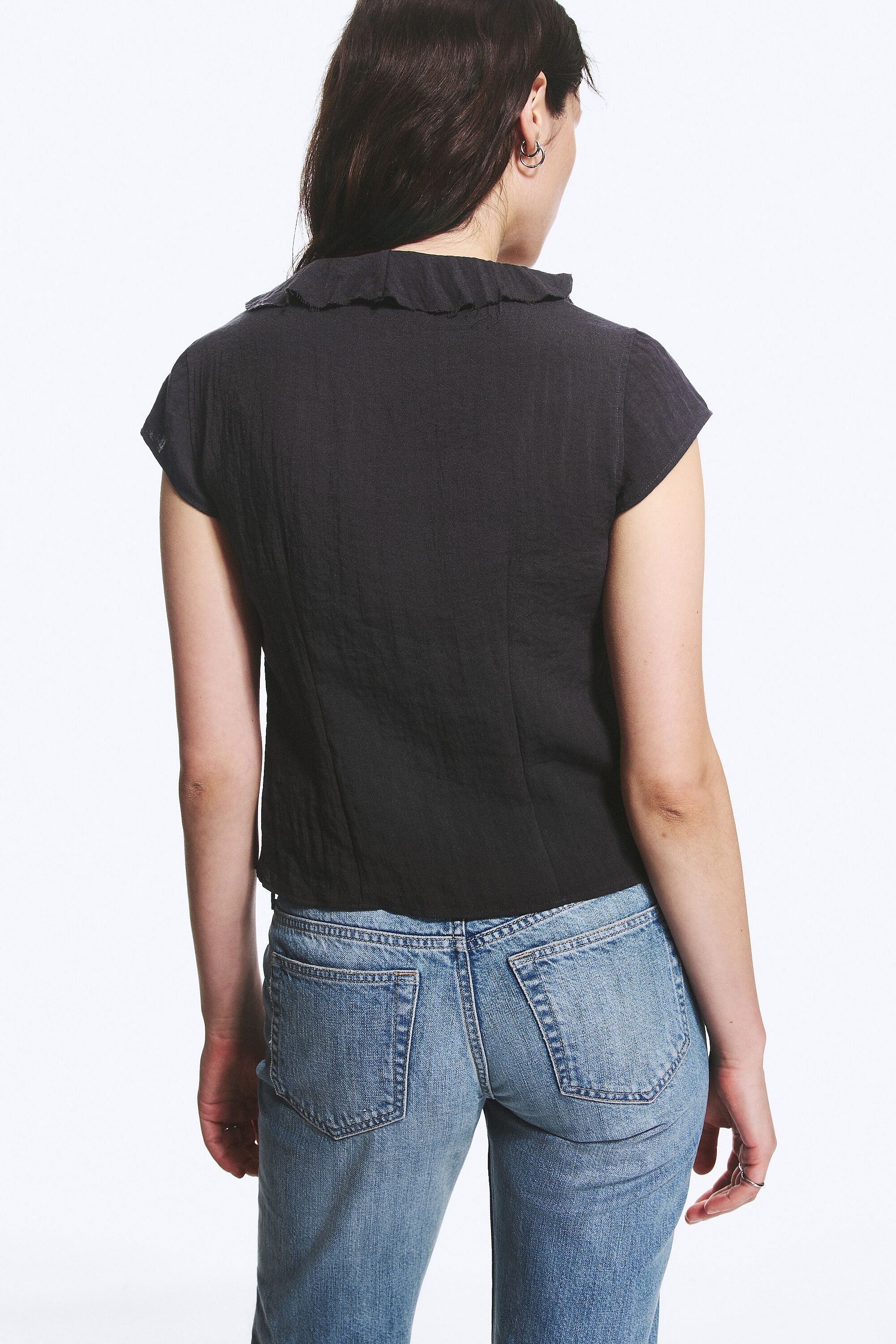 frilled tie-front top - Dark Grey | Weekday WW