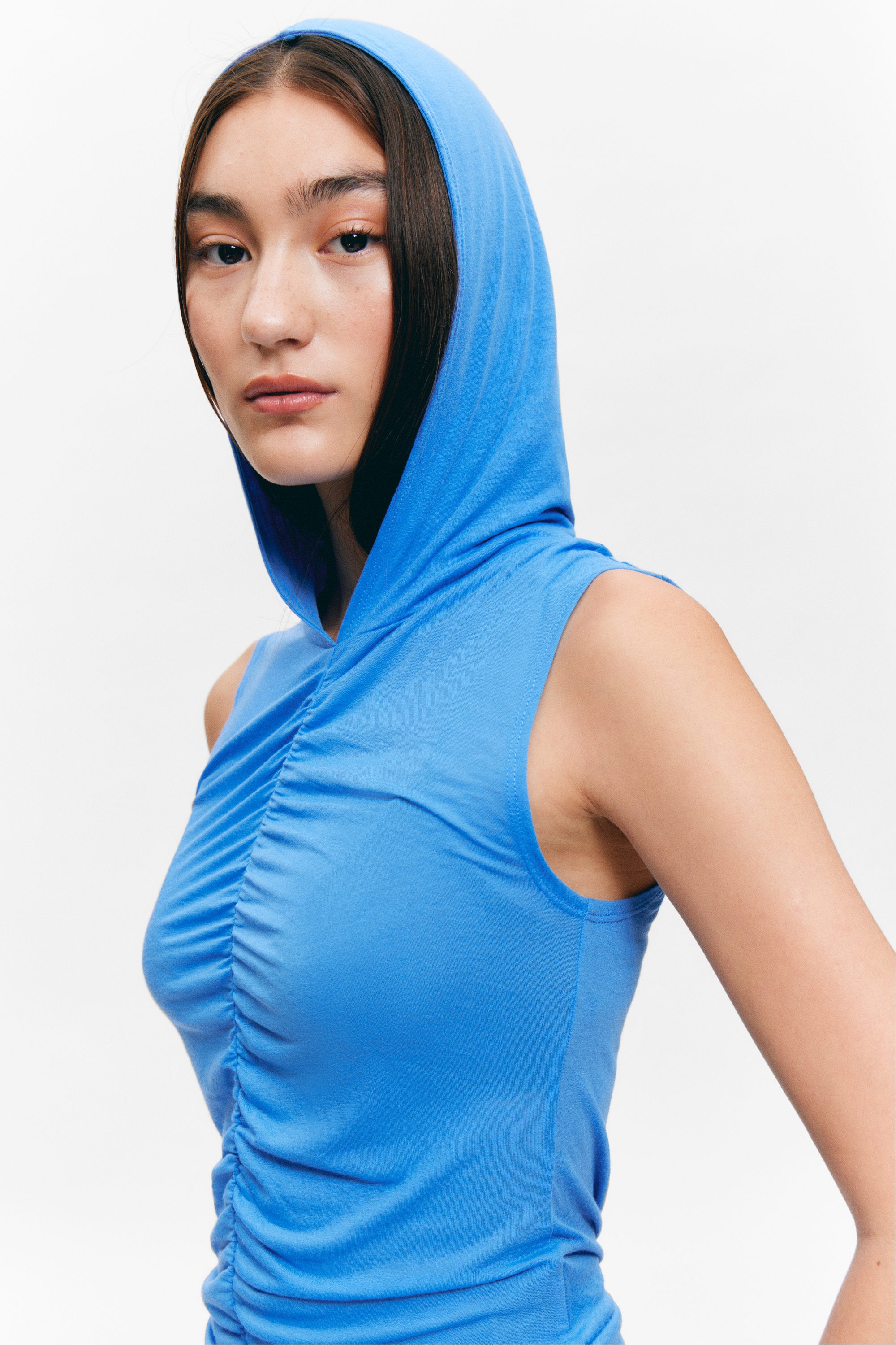 Blue - Ruched Hooded Tank Top - 2