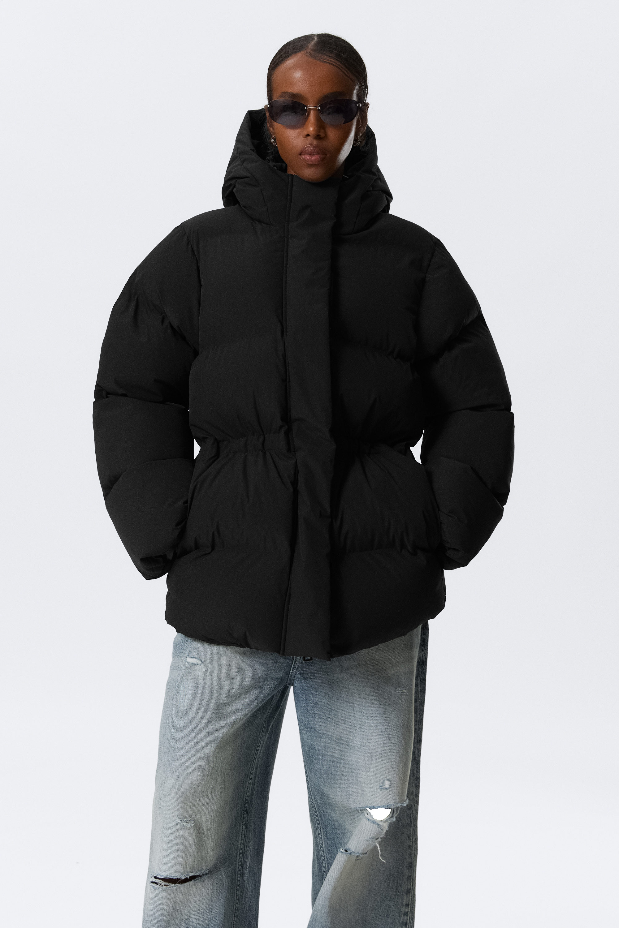 Black - Waisted Puffer Jacket - 2