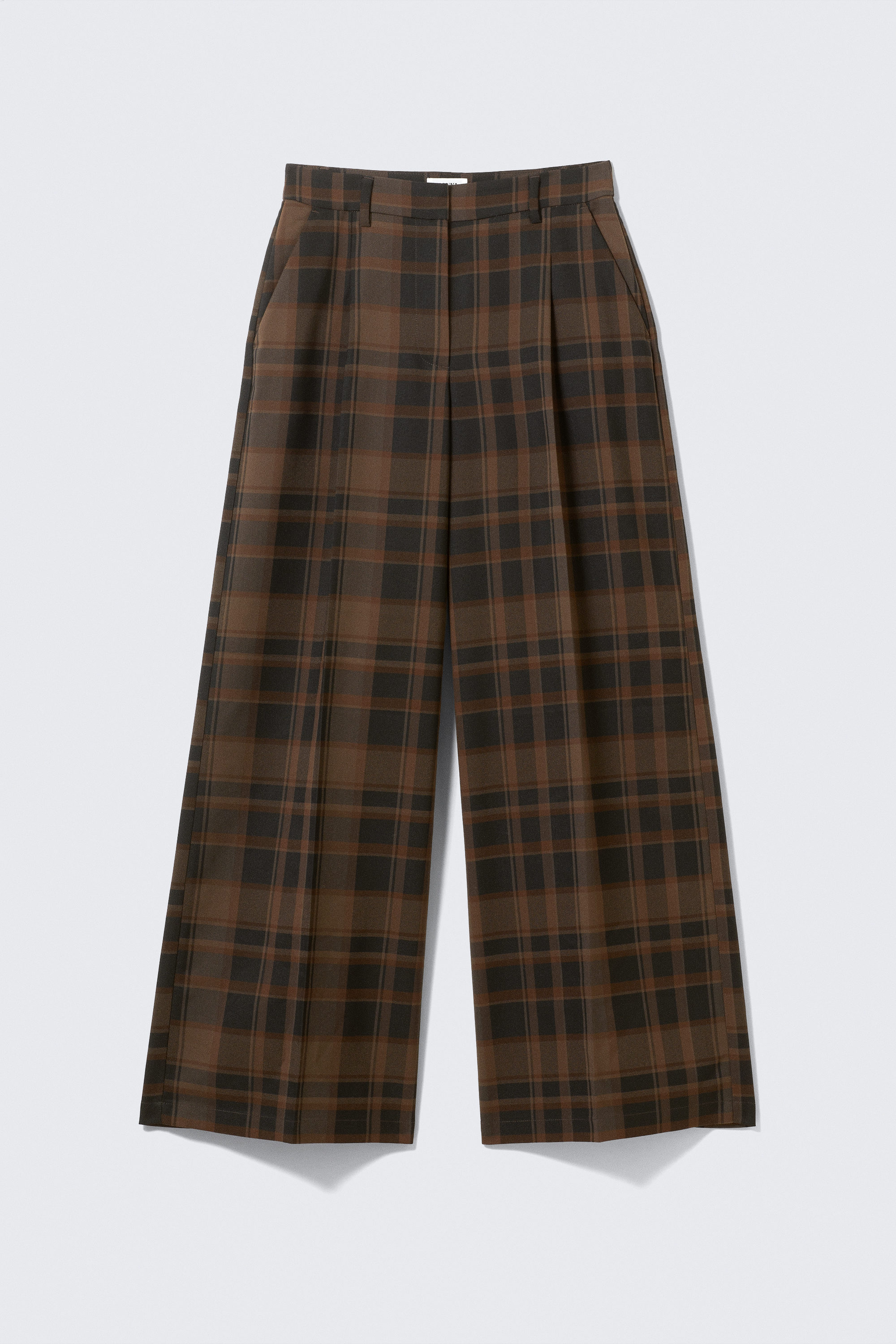 Braun kariert - Weit geschnittene Twill-Hose mit hohem Bund - 1