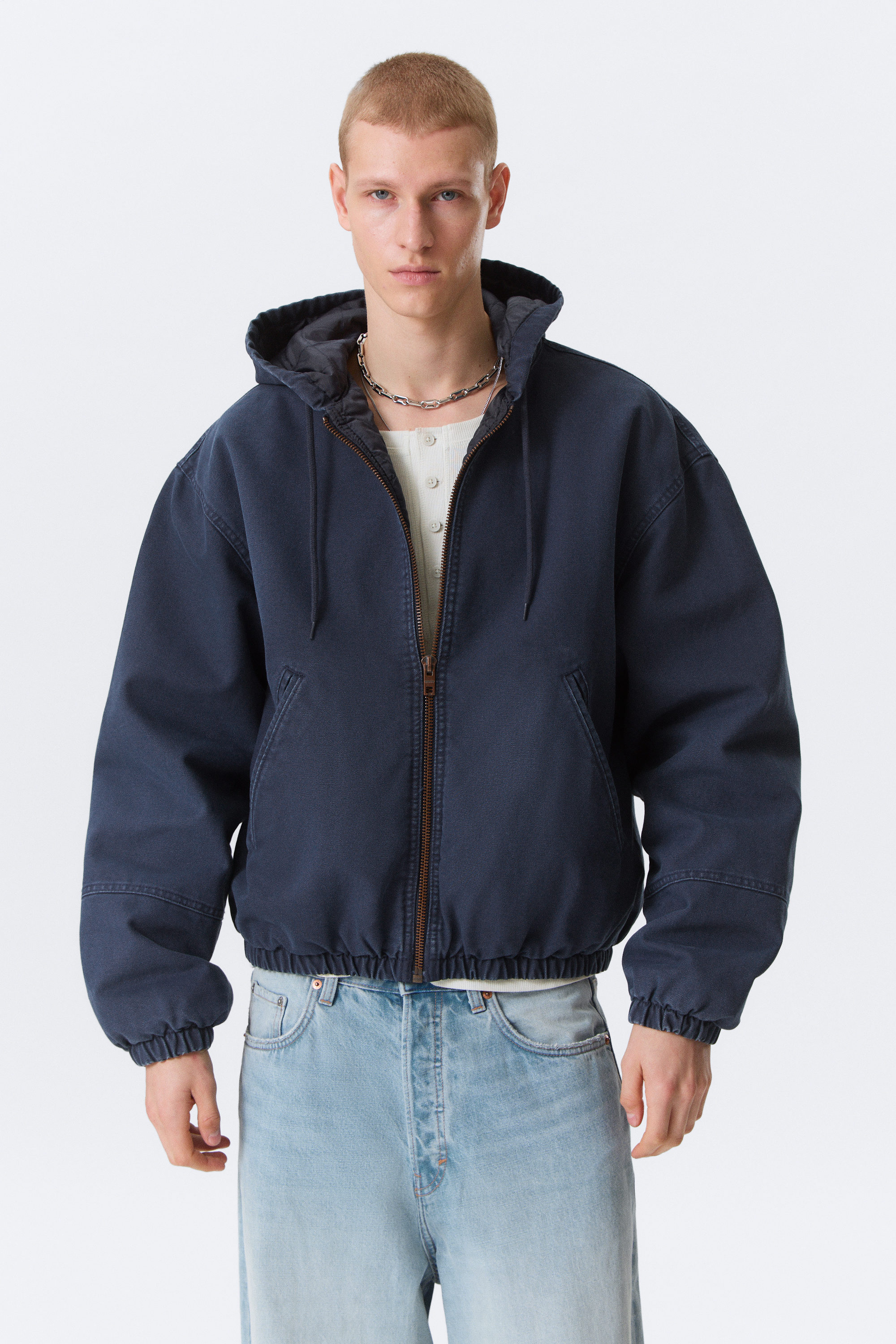 relaxed hooded bomber jacket - Washed Navy Blue | Weekday WW