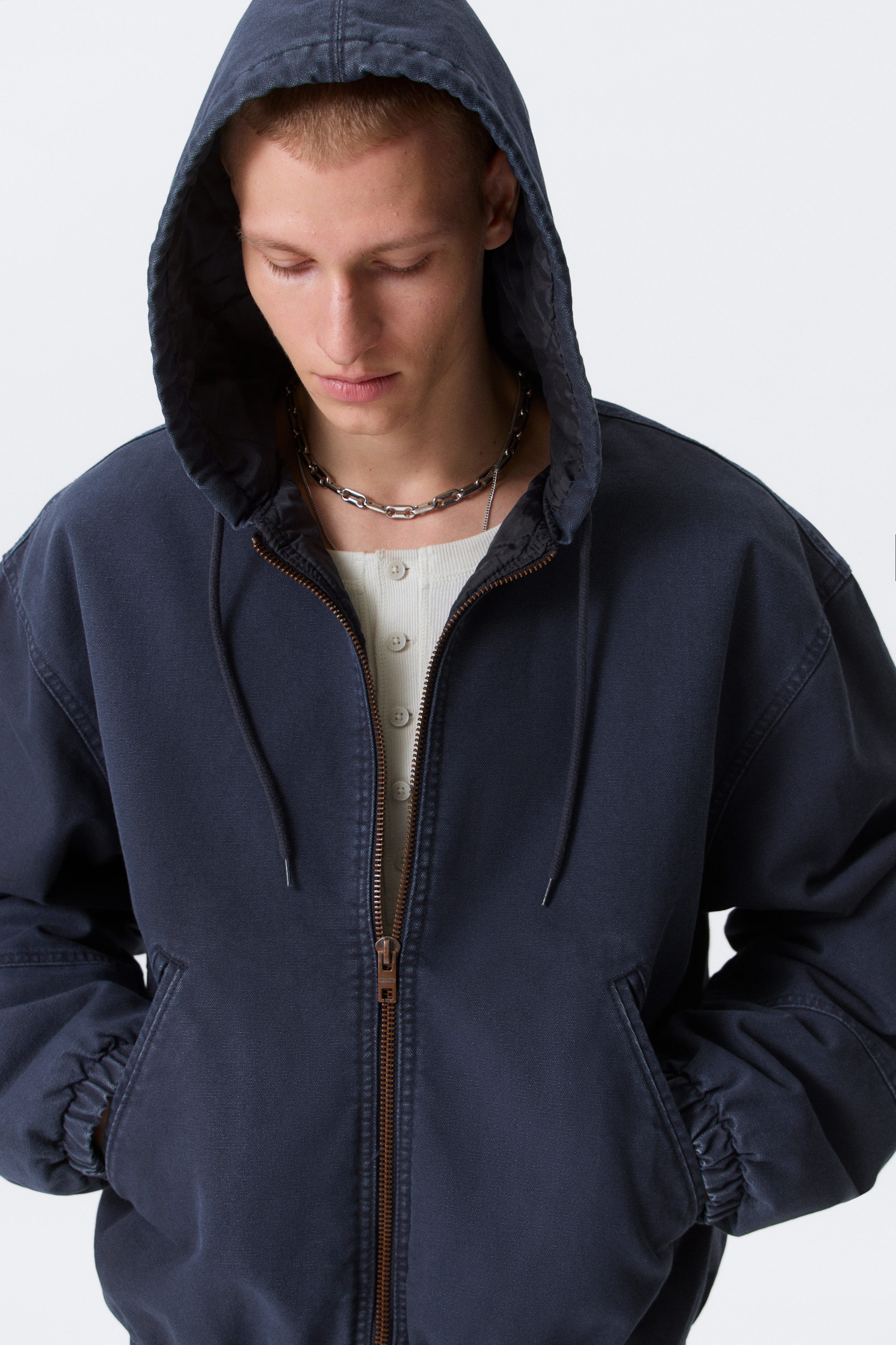 Verwaschenes Marineblau - Lässige Bomberjacke mit Kapuze - 2