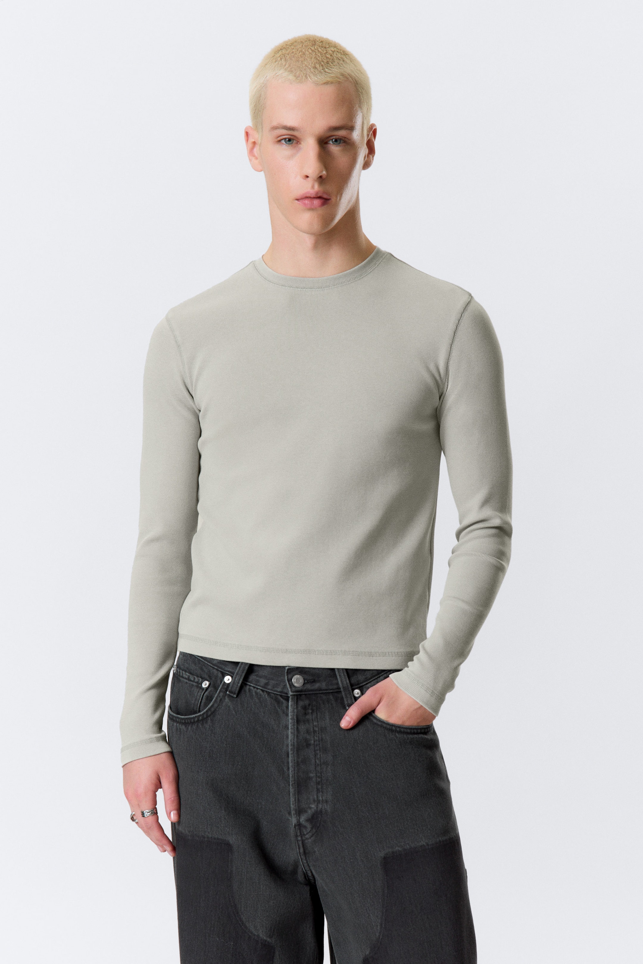 Grey - Ribbed Long-Sleeved T-shirt - 1