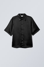 Black - Shiny Short Sleeve Satin Shirt - 0
