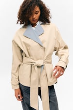 Beige & Light Grey - Short Double-Breasted Reversible Trench Coat - 2