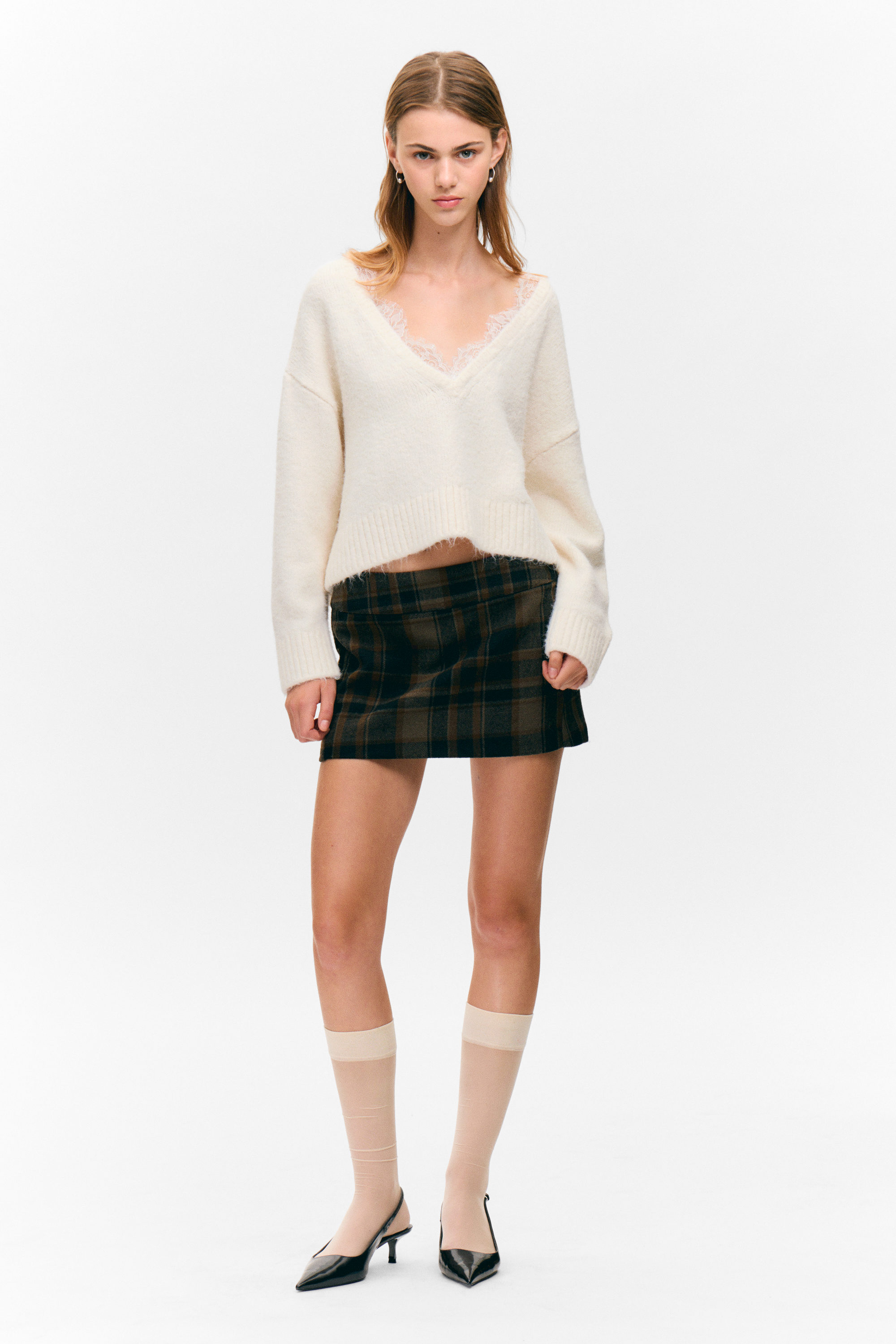 White - Lace-trimmed V-neck Sweater - 2