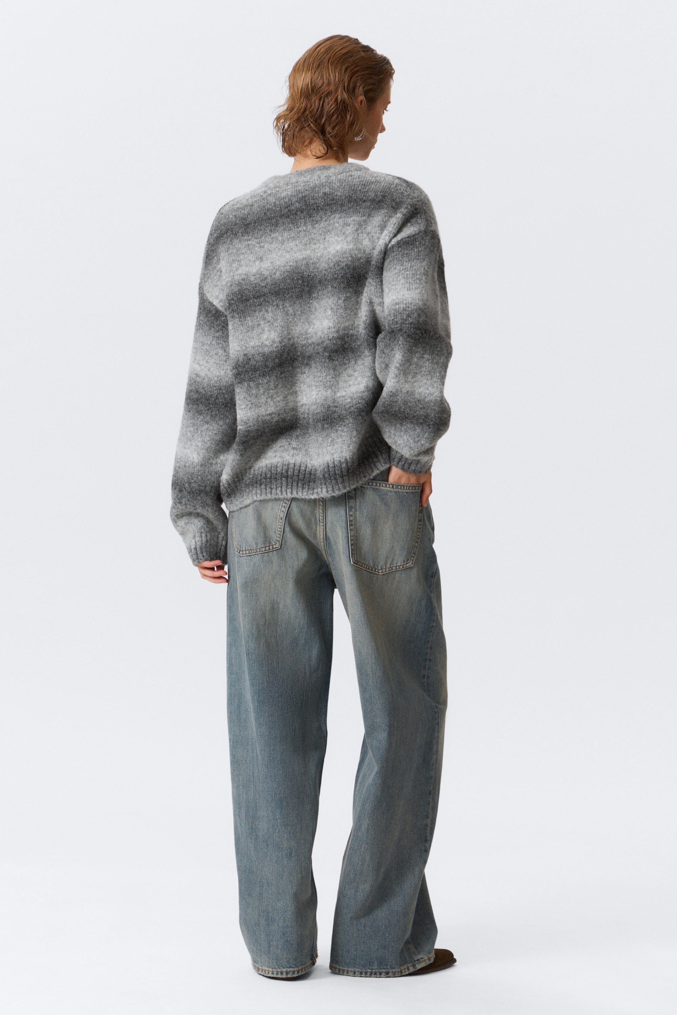 Grey Melange - Loose Fit Space-Dyed Knitted Sweater - 3