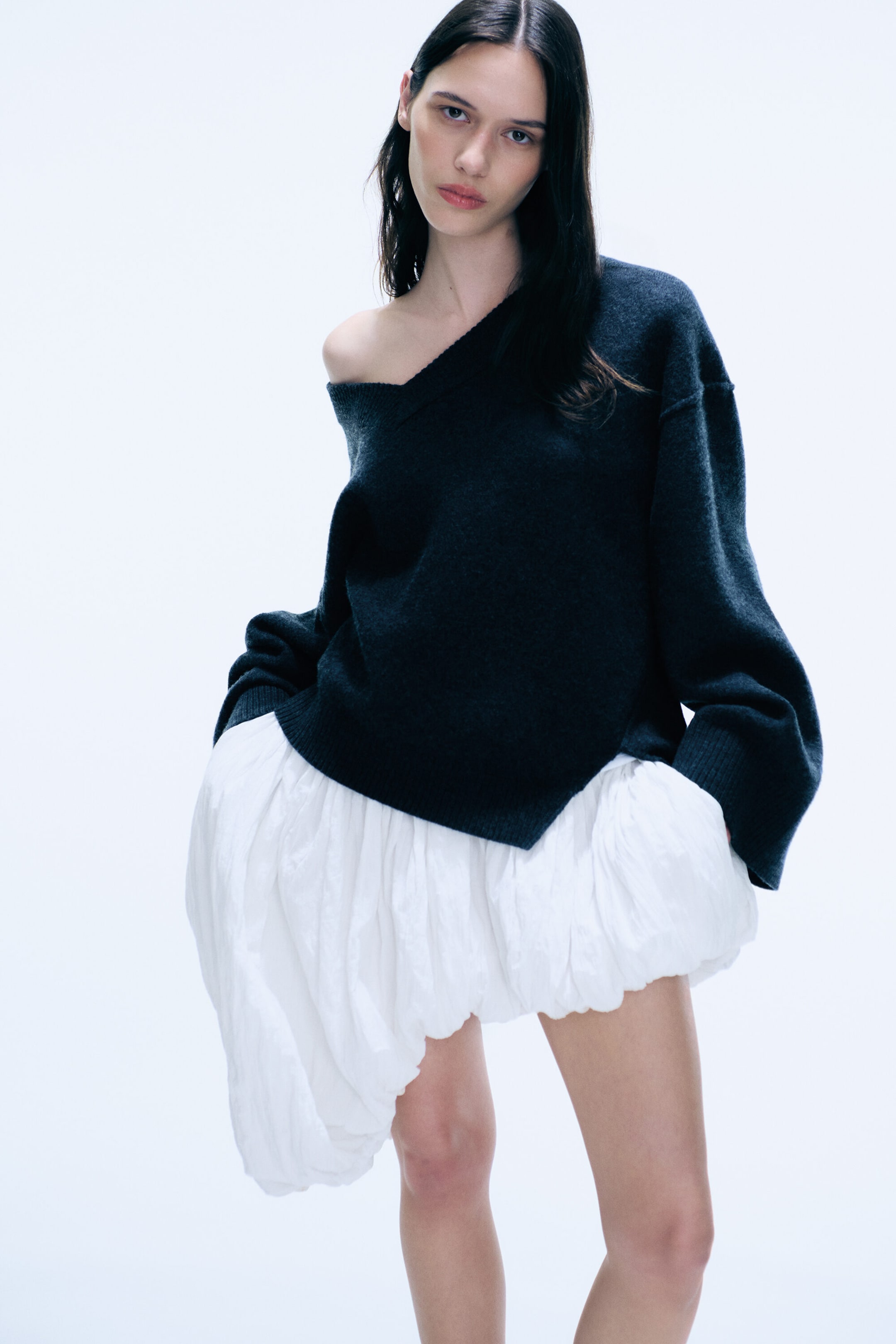 Dark Grey Melange - Asymmetric V-line Knitted Sweater - 1