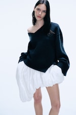 Dark Grey Melange - Asymmetric V-line Knitted Sweater - 0
