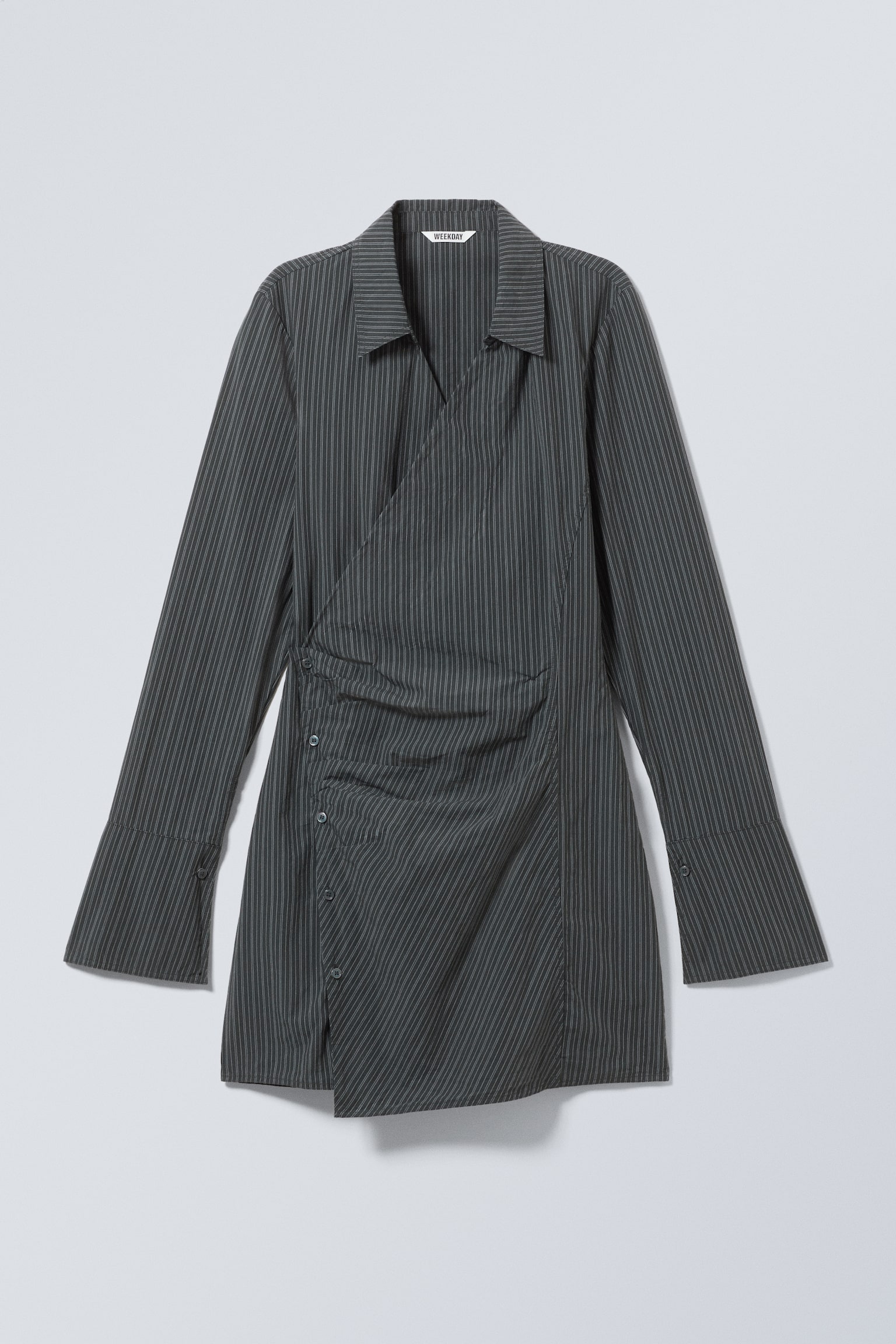 Long-Sleeved Asymmetric Mini Shirt Dress - Pinstriped Dark Grey/Negru/Top fără mâneci cu guler halter/Alb/Black
