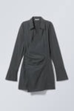 Pinstriped Dark Grey - Long-Sleeved Asymmetric Mini Shirt Dress - 3