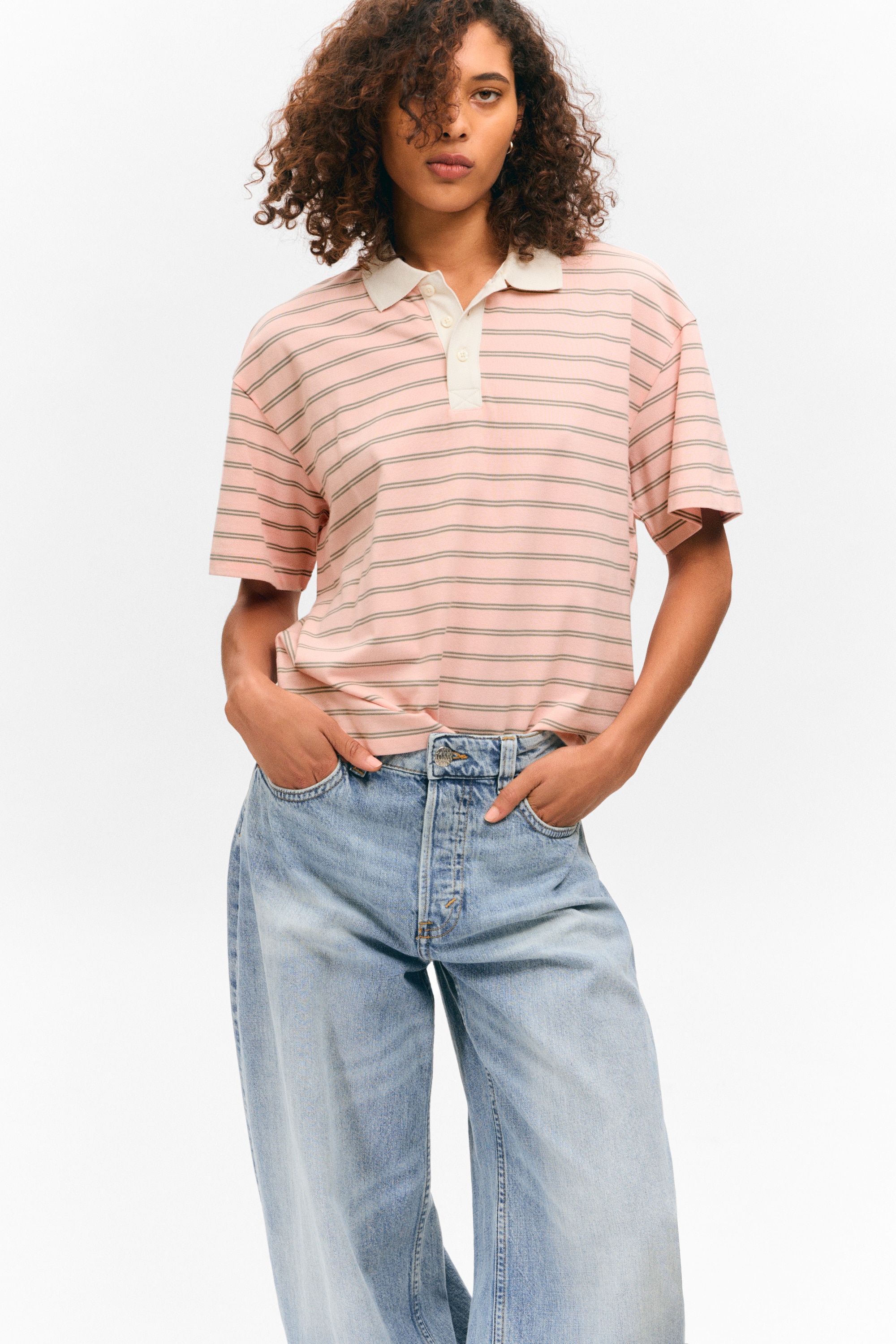 Striped Relaxed Fit Polo Shirt - Ριγέ Ροζ/Striped Off-black & White