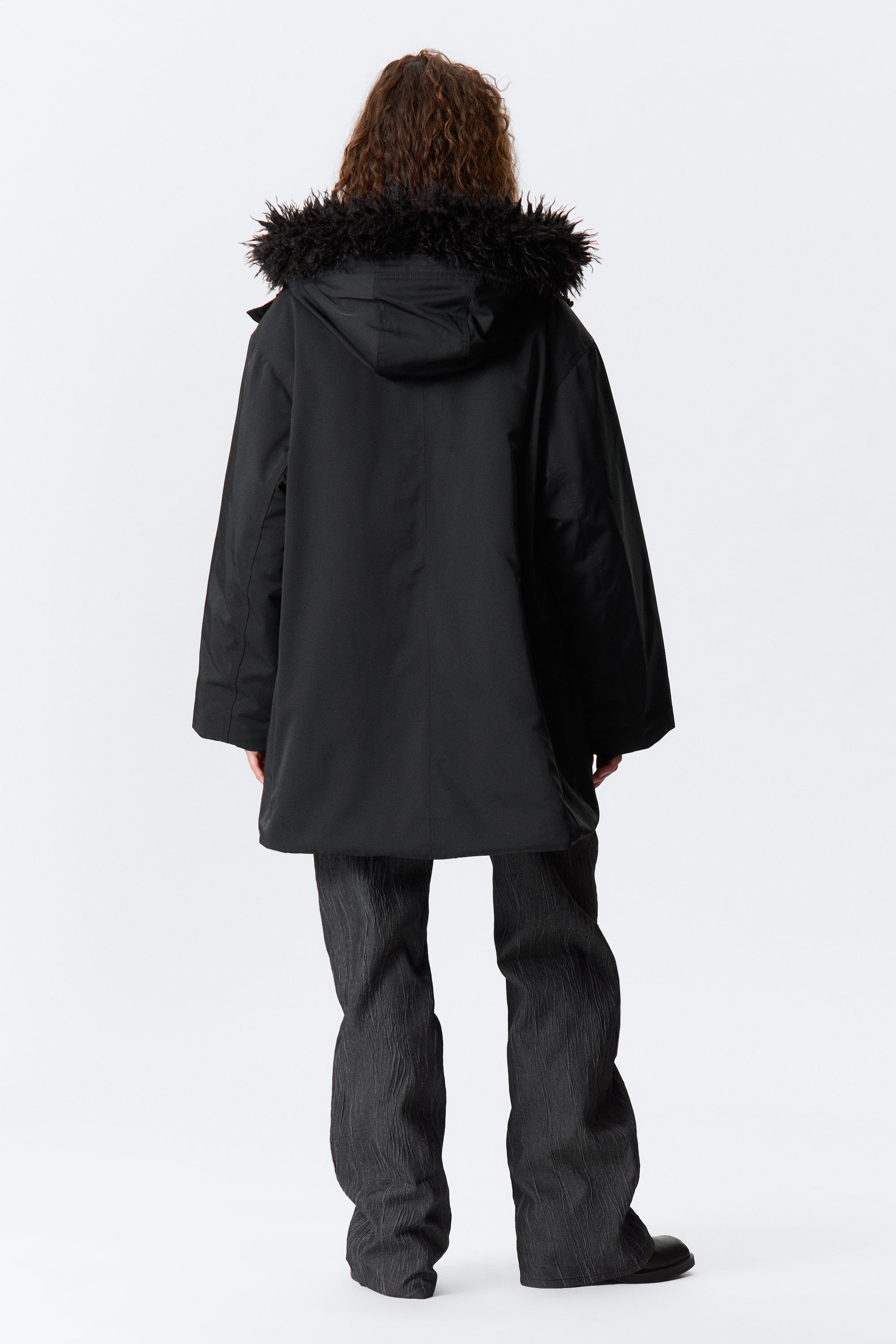 Black - Padded Bomber Parka with Faux Fur Trim - 4