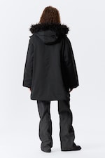 Black - Padded Bomber Parka with Faux Fur Trim - 4
