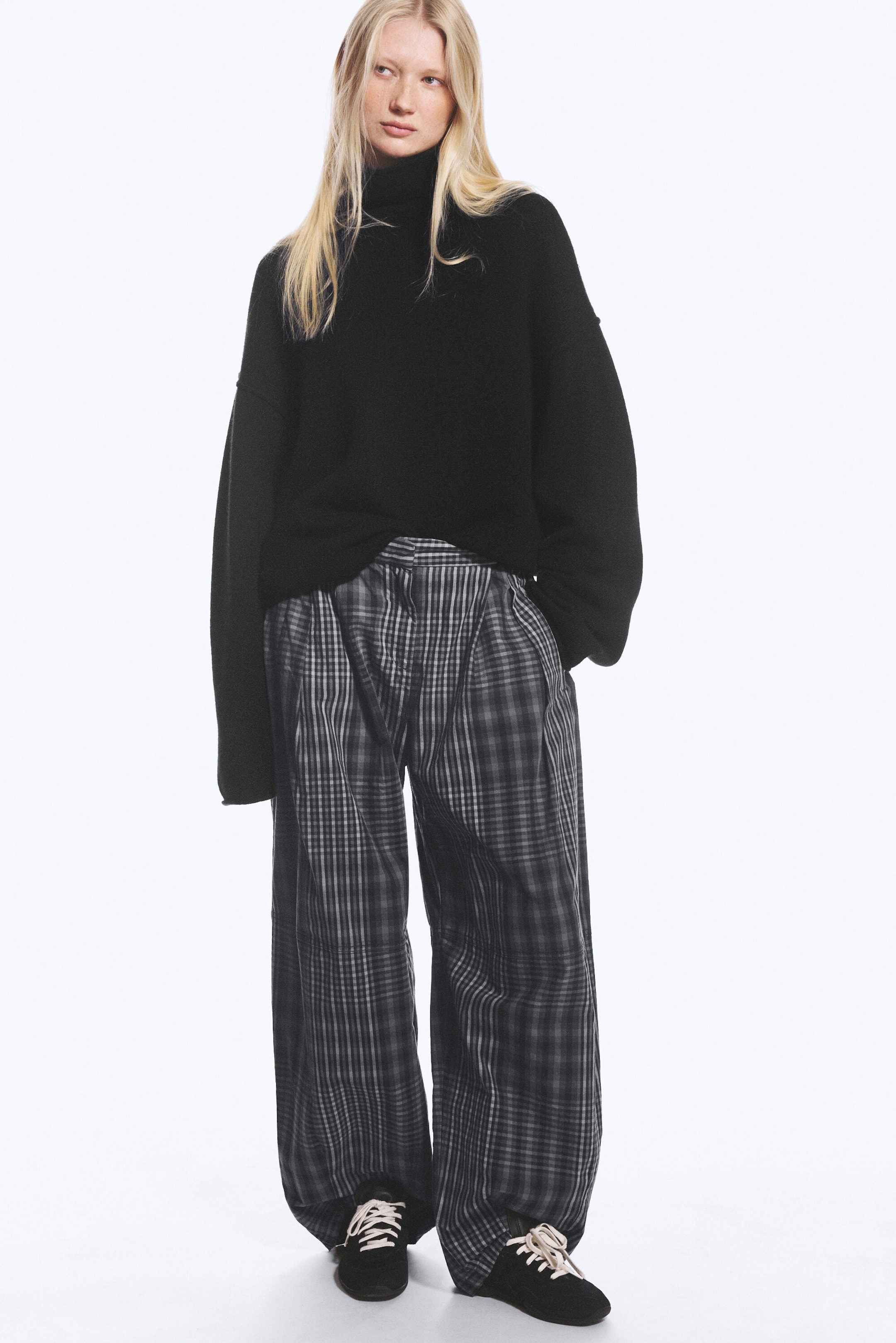 Gris foncé à carreaux - Pantalon barrel plissé taille basse - 2