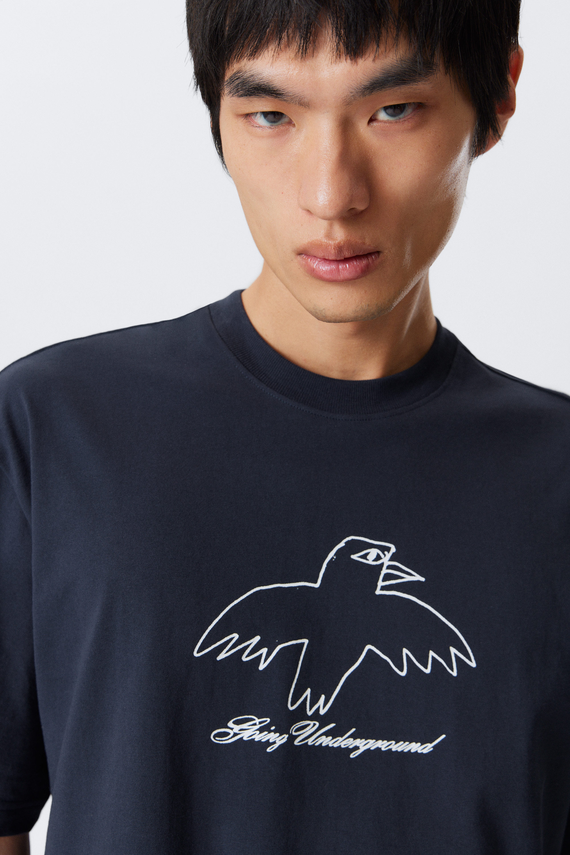 Dark Blue - Underground Bird - Relaxed Graphic Printed T-shirt - 2