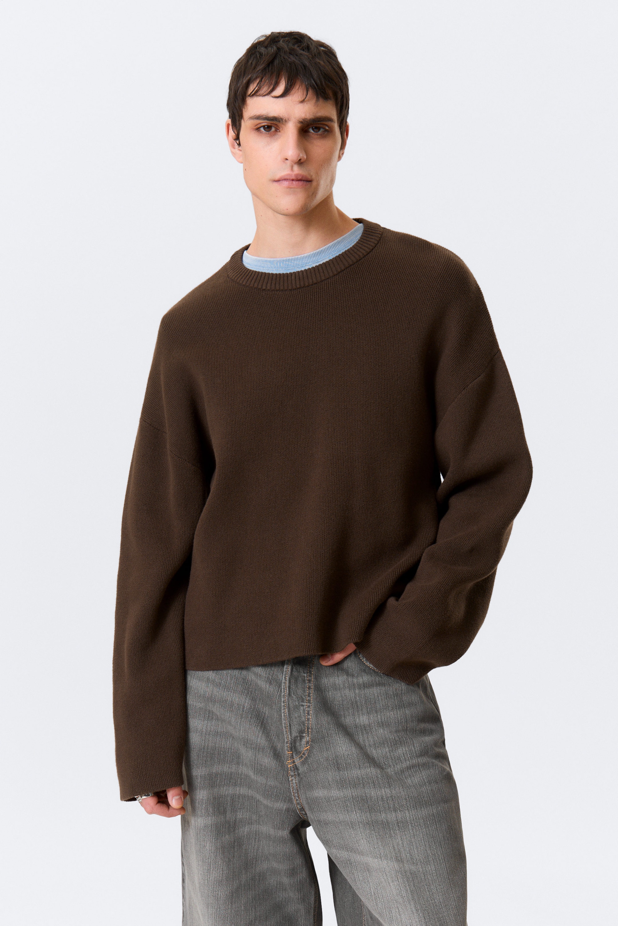 Dark Brown - Boxy Knitted Cotton Sweater - 2