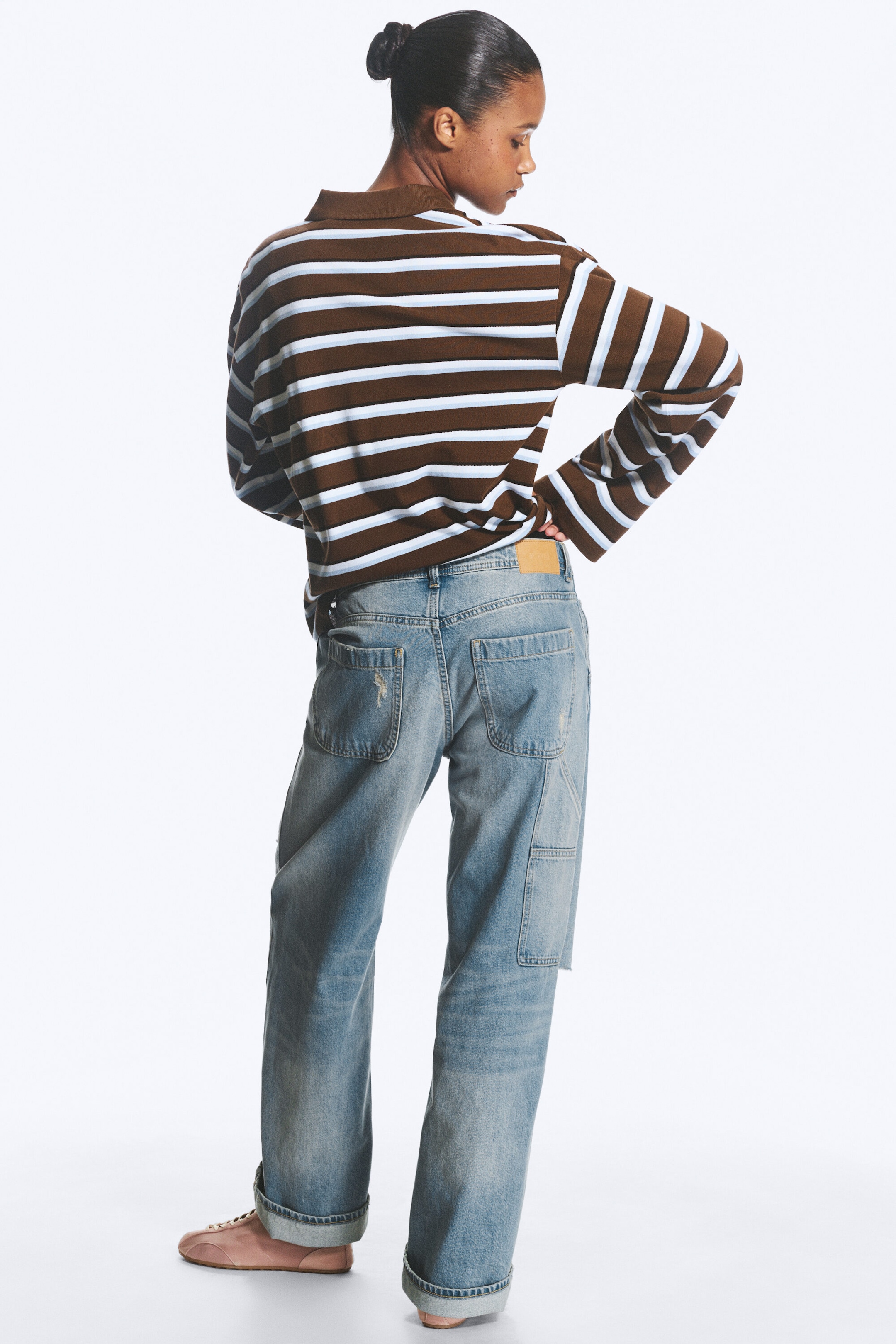 Striped Brown/Blue - Langärmliges Poloshirt aus Baumwolle - 2