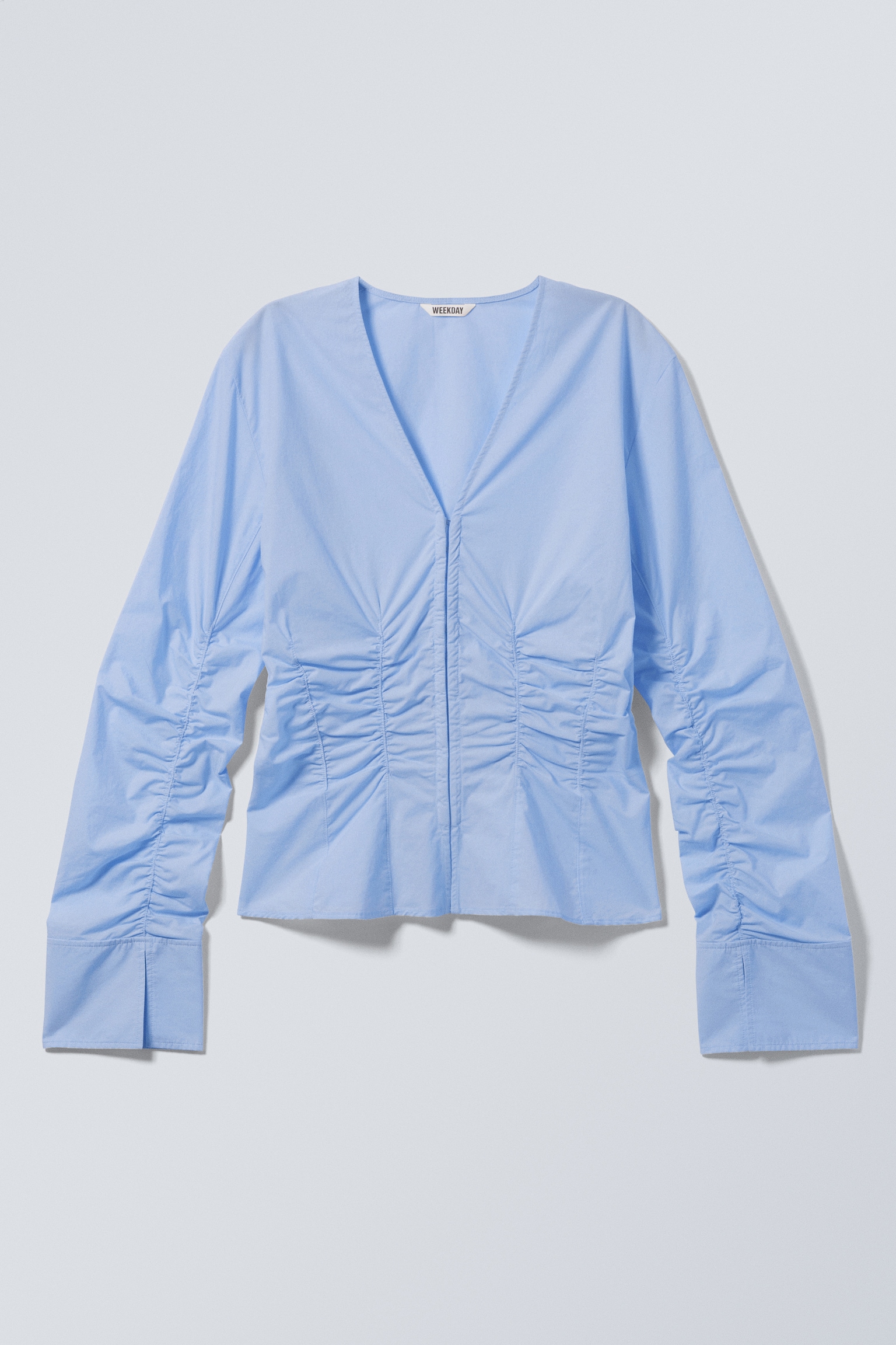 Gathered Poplin V-neck Shirt - Light Blue/Beige