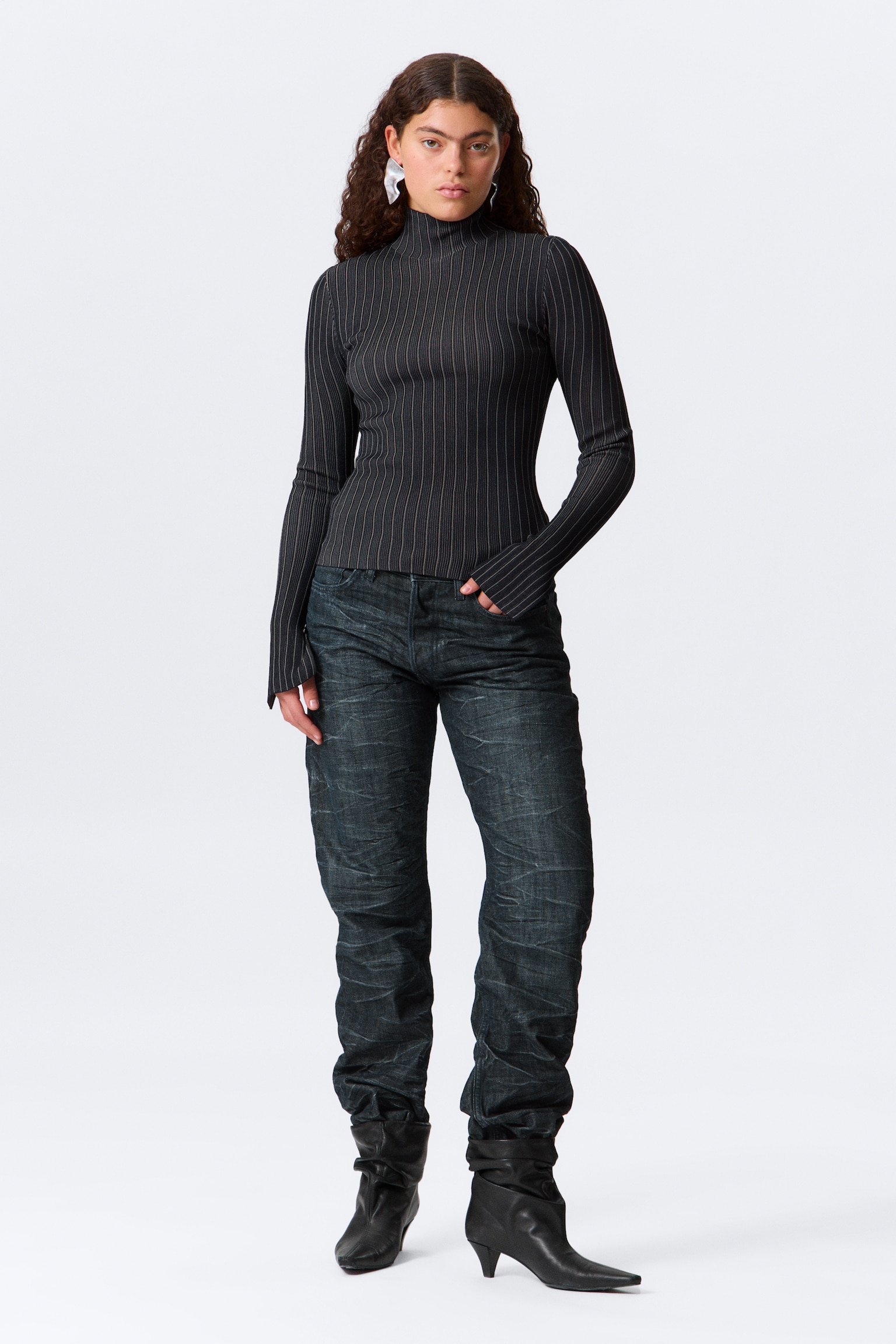 Ribbed Fitted Turtleneck - Dark Blue Stripe - 4