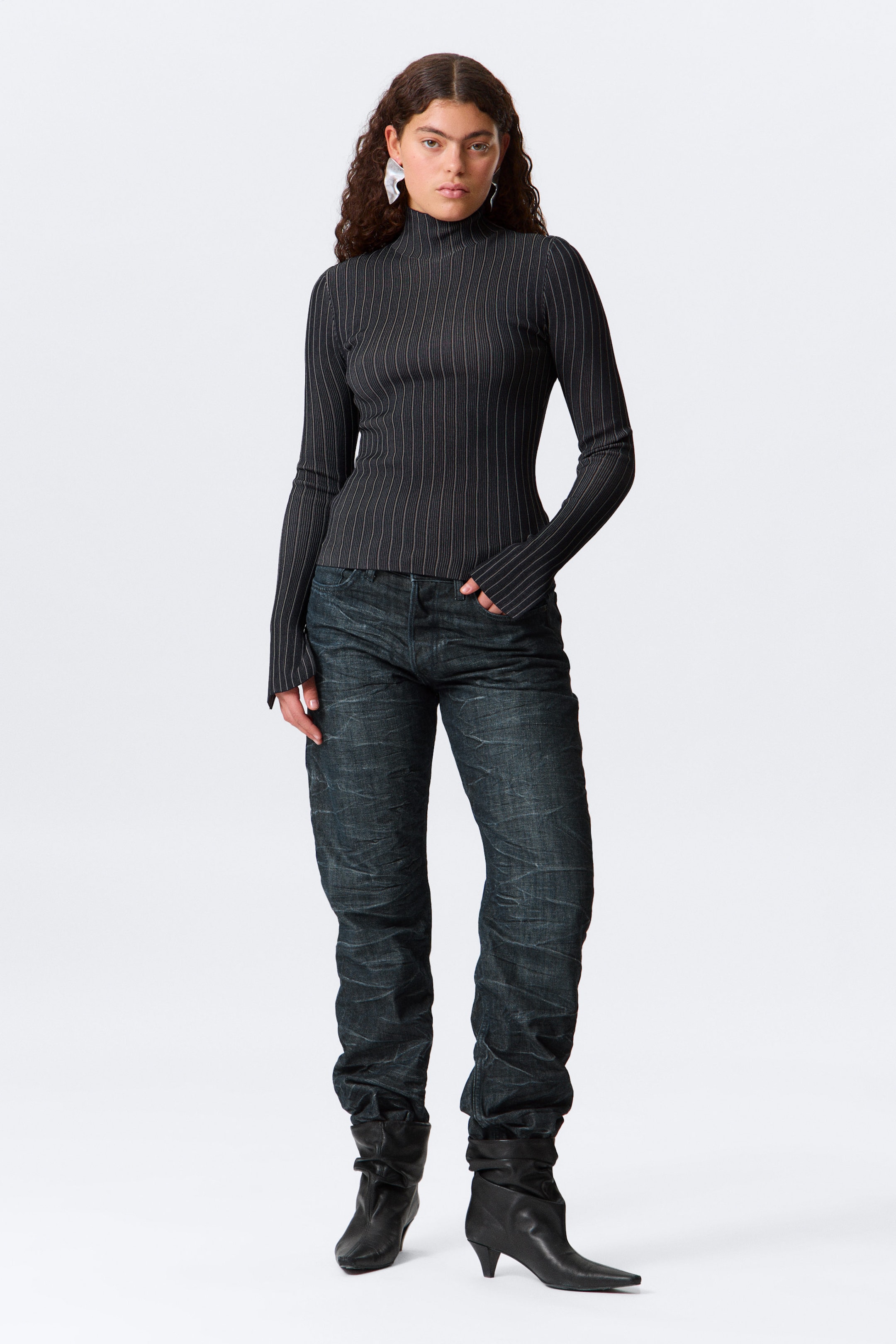 Dark Blue Stripe - Ribbed Fitted Turtleneck - 2