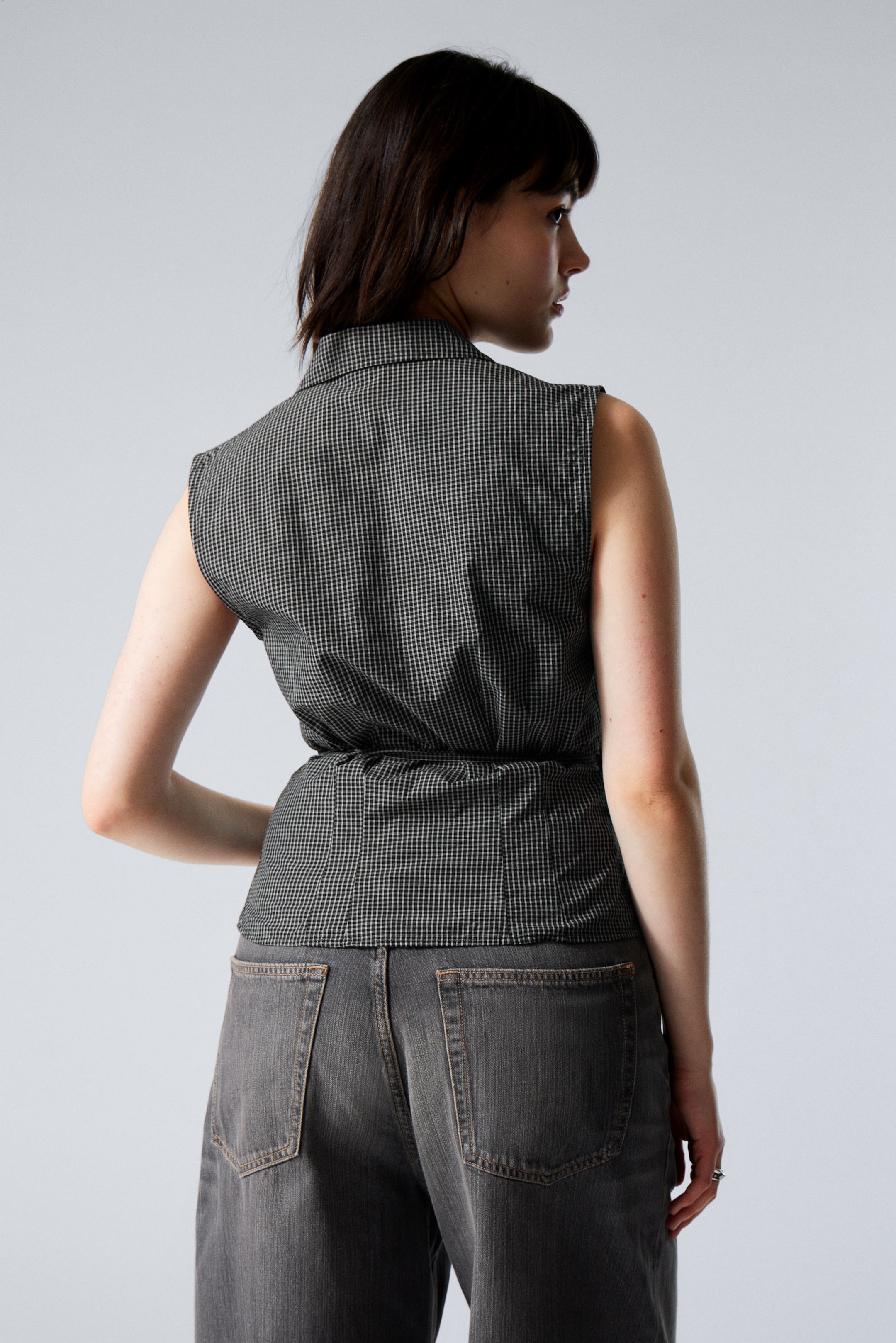 Checked Black - Sleeveless Cotton Wrap Top - 2