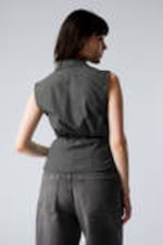 Checked Black - Sleeveless Cotton Wrap Top - 2