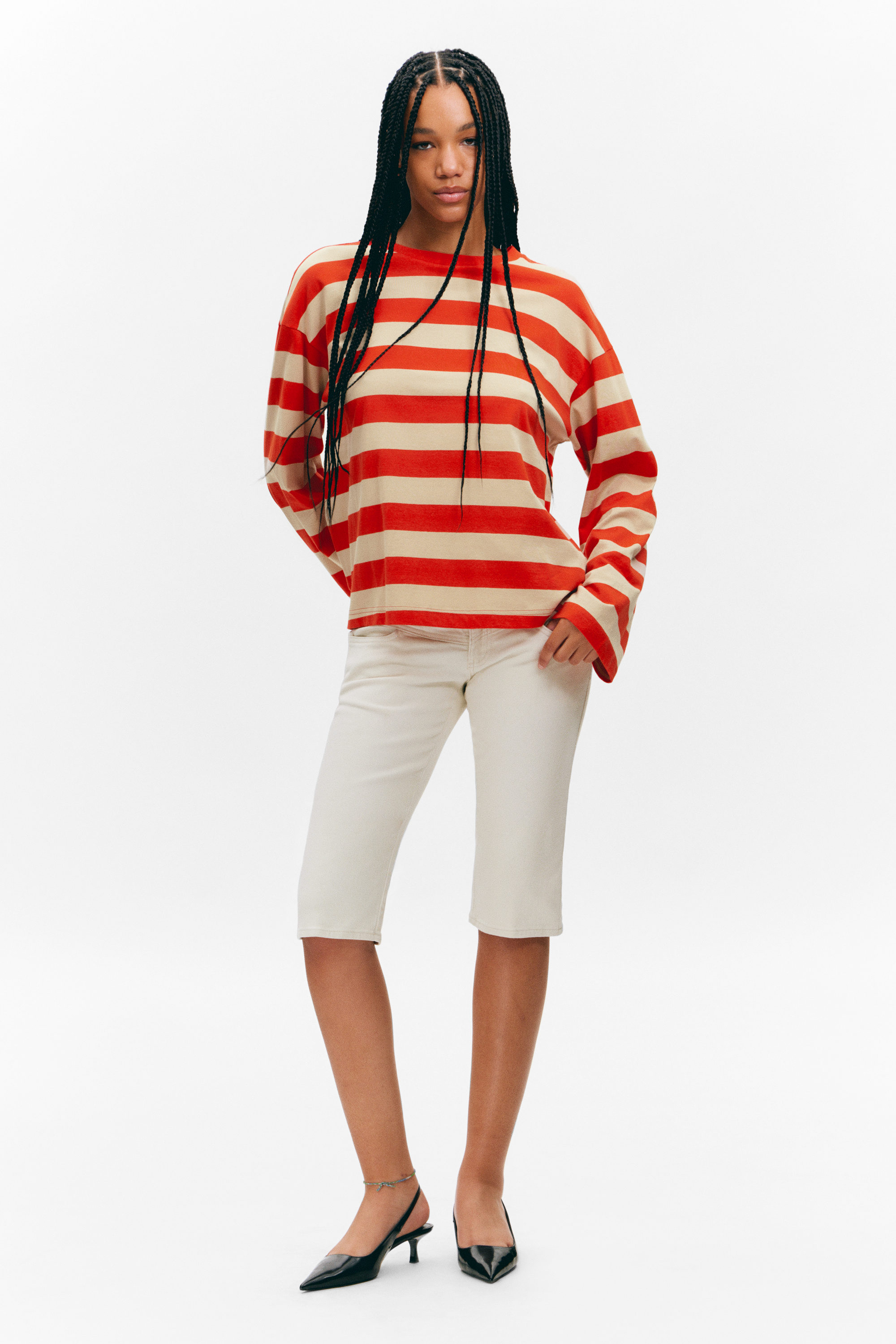 Bright Red & Beige Stripes - Långärmad bomulls-t-shirt - 2