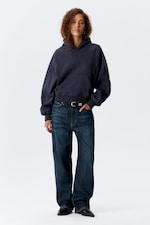 Washed Dark Navy Blue - Raglan-Sleeved Boxy Hoodie - 1