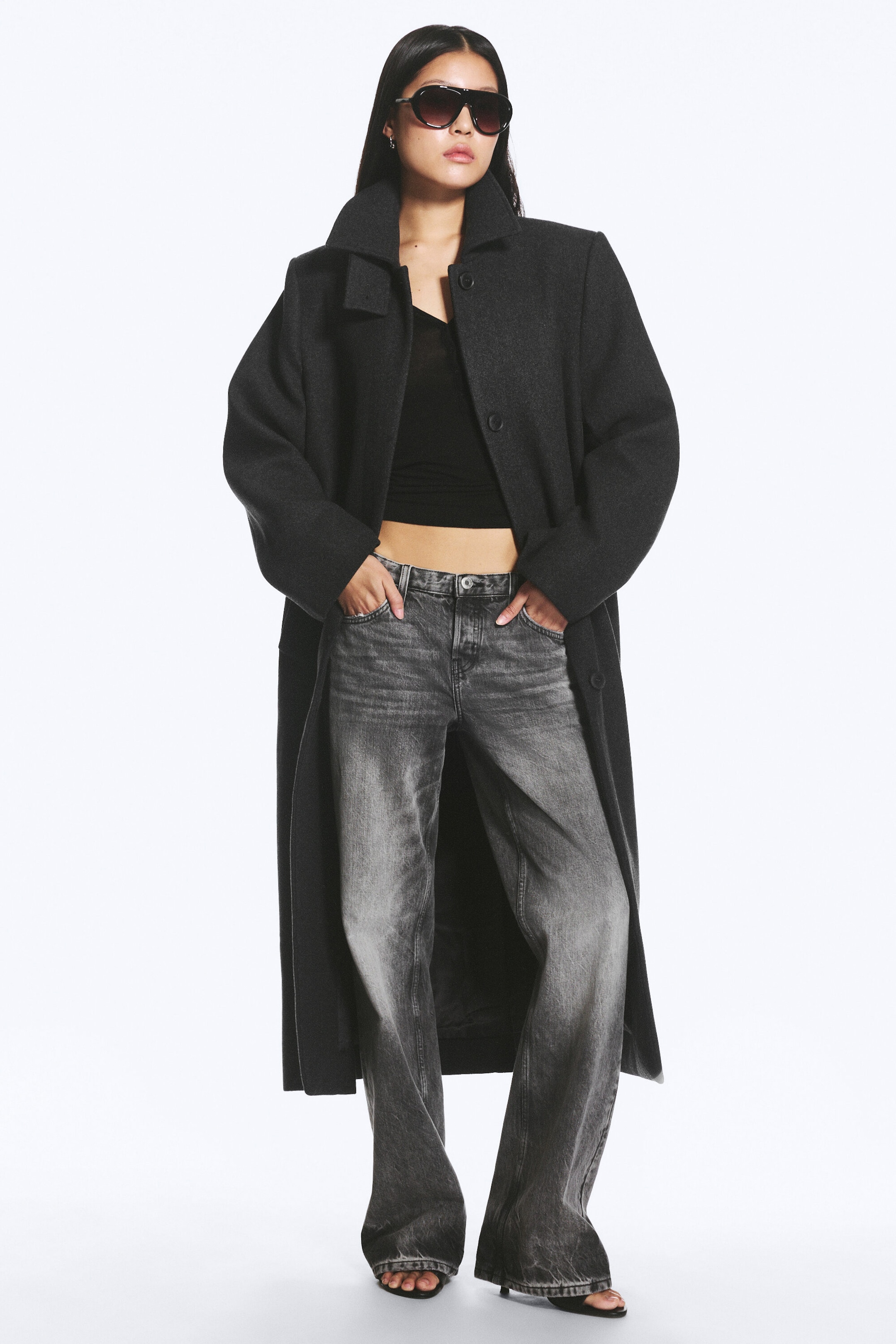 Dunkelgrau meliert - Langer Oversized-Mantel aus Wollmischung - 1