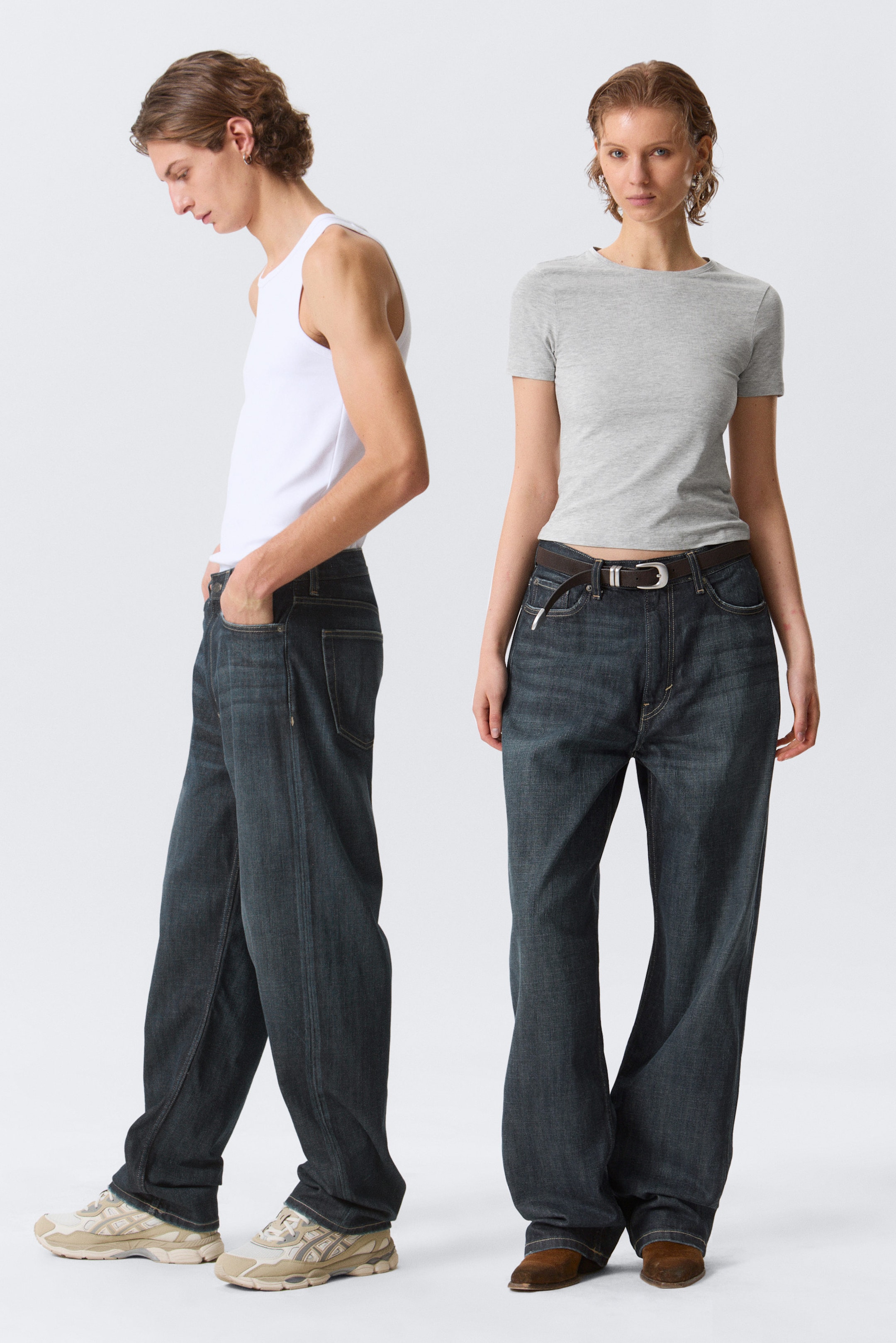 Deep Sea Blue - Dark Blue - Galaxy Mid Rise Loose Straight Leg Unisex Jeans - 1