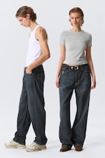 Deep Sea Blue - Dark Blue - Galaxy Mid Rise Loose Straight Leg Unisex Jeans - 0