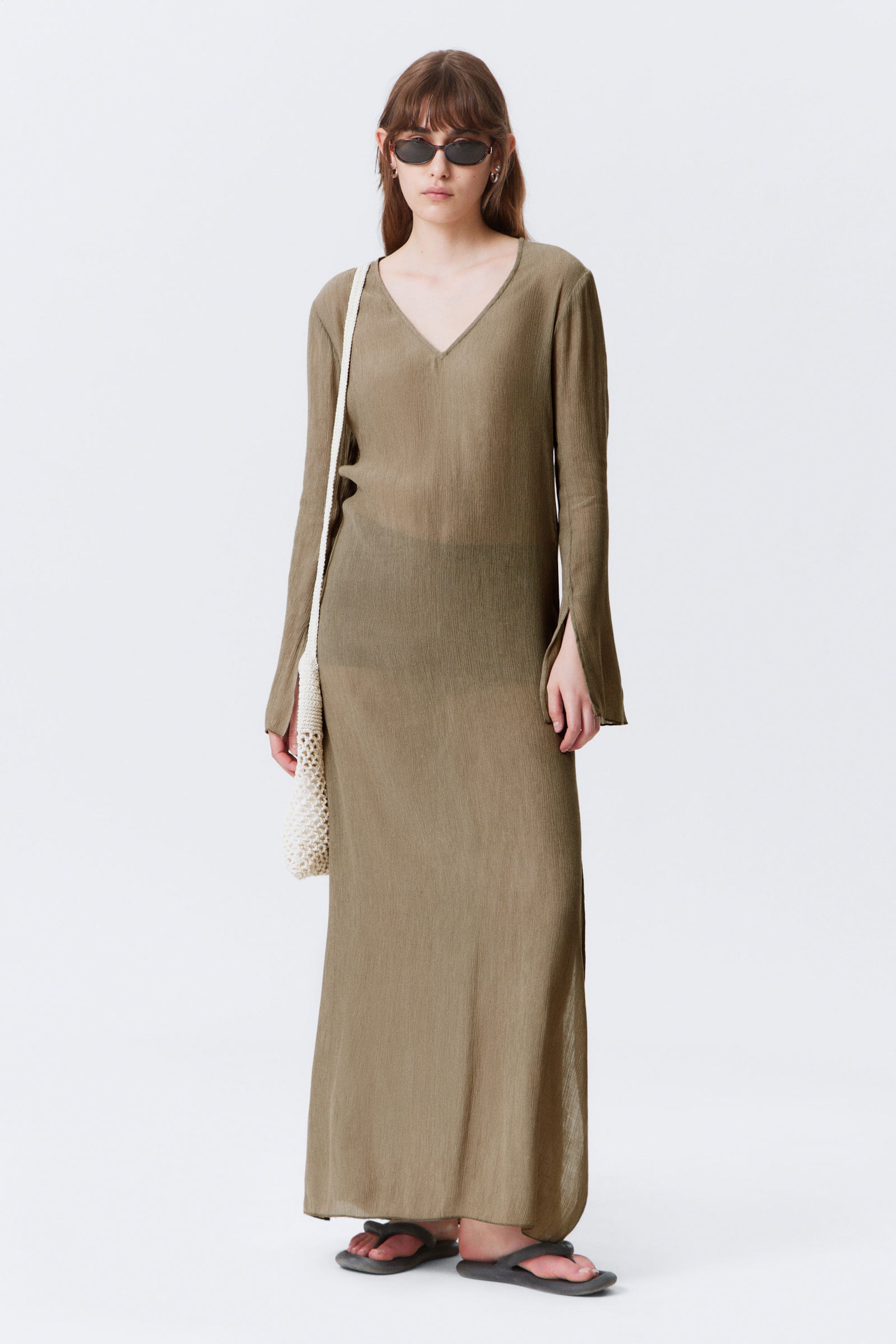Beige - Sheer Long-Sleeved V-neck Maxi Dress - 1