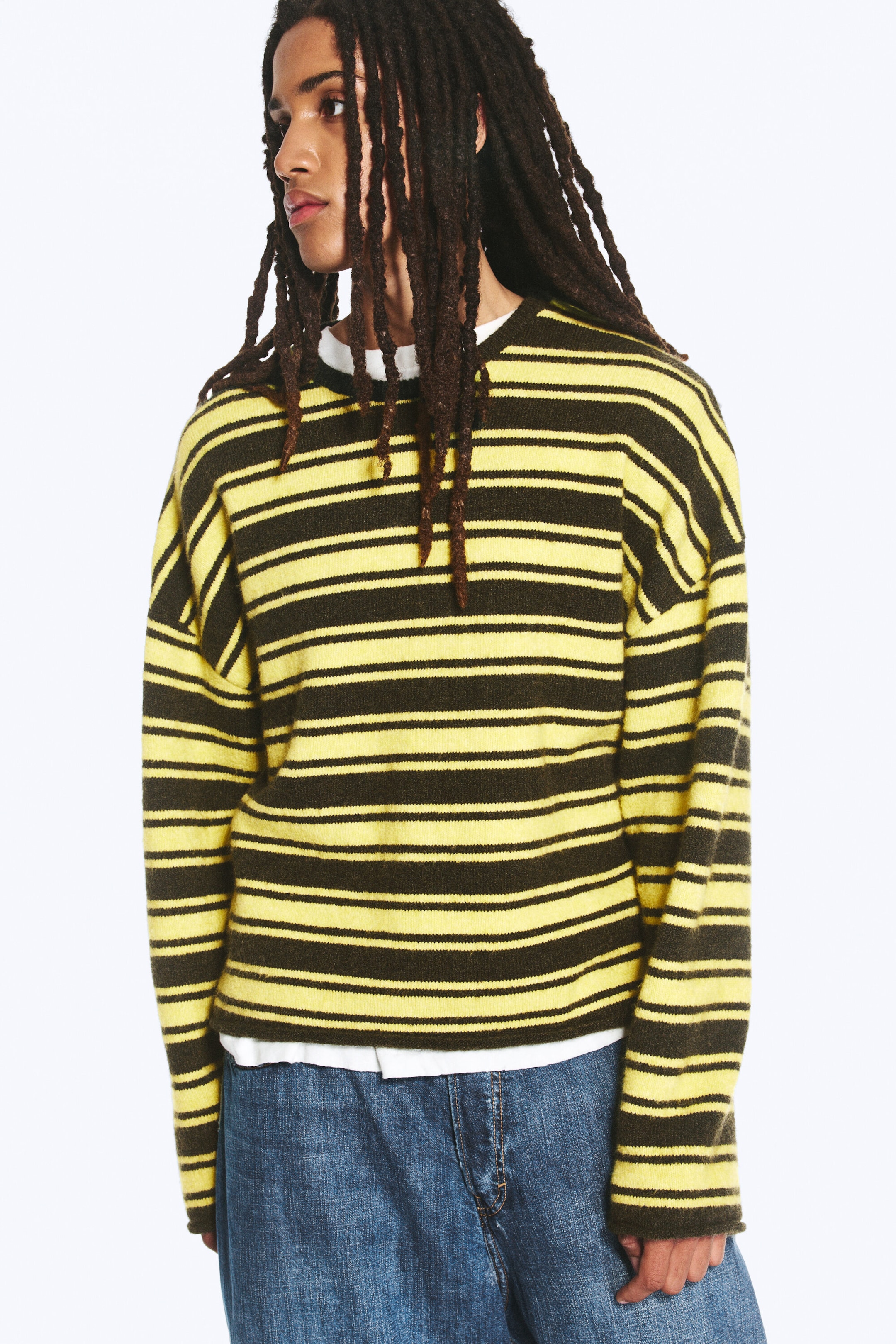 Striped Lime and Khaki Green - Boxy Strickpullover - 0