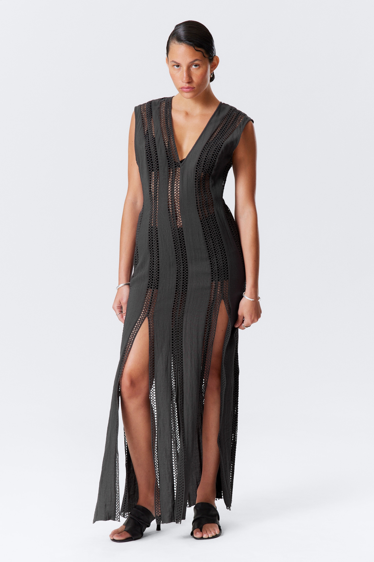 Robe longue transparente à encolure en V - Gris foncé