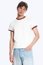 Weiß/Rostrot - Kurzärmliges Baumwoll-T-Shirt mit Kontrastbesatz - 0