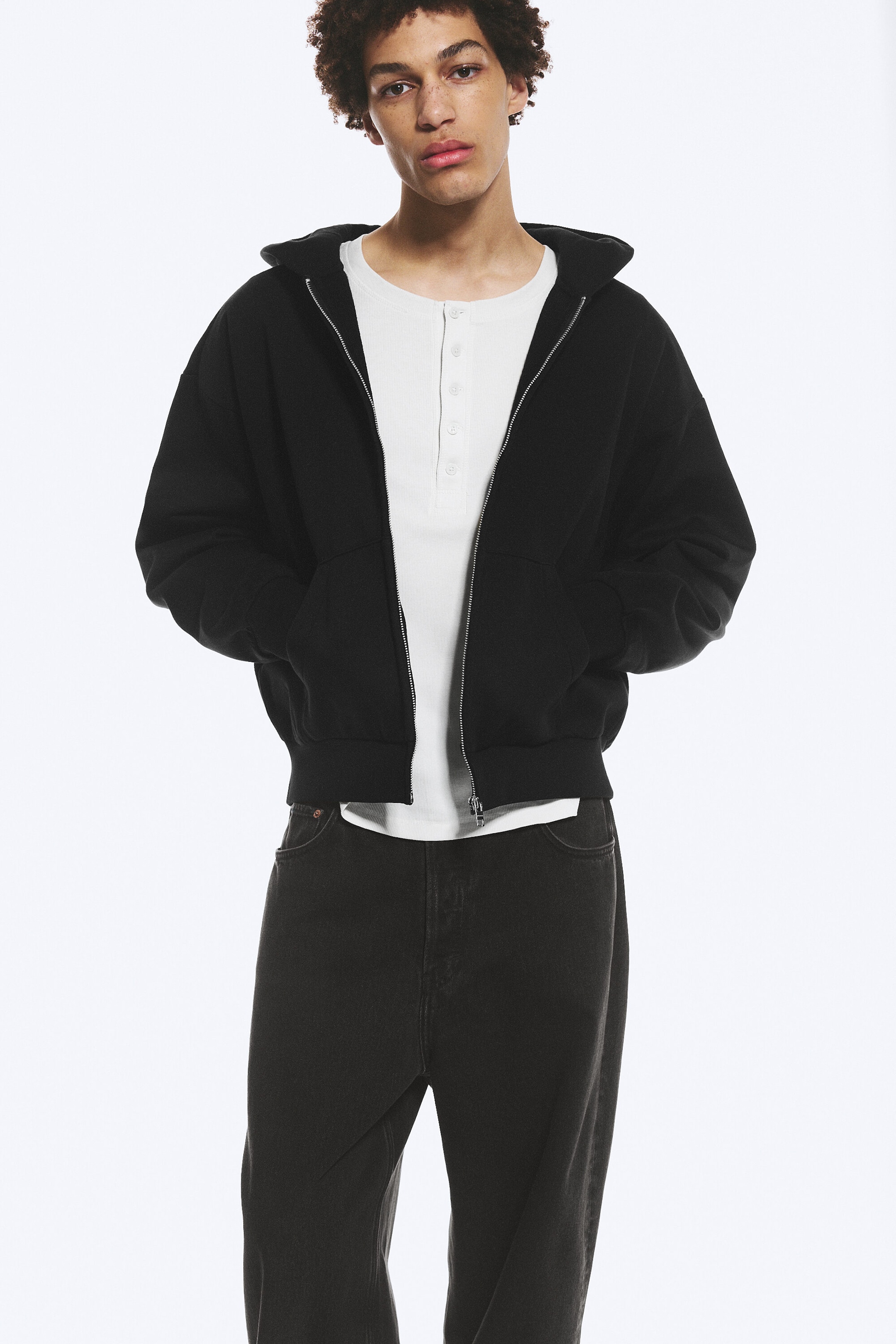 Black - Loose Fit Zip Hoodie - 1