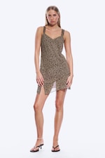 Dusty Khaki Beige - Dark Flower - Asymmetric Slip Dress - 1
