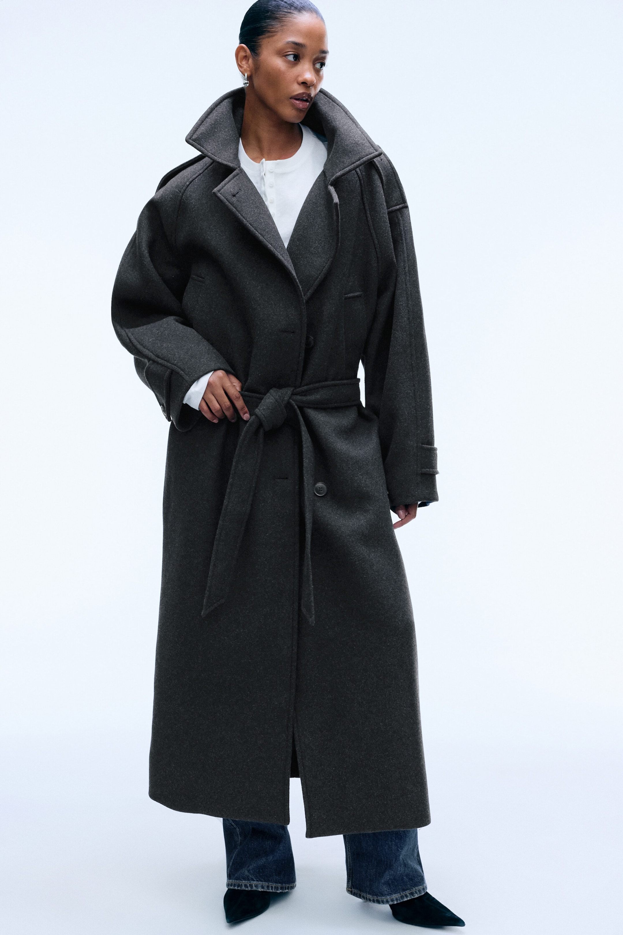 Dark Grey Melange - Belted wool-blend coat - 1