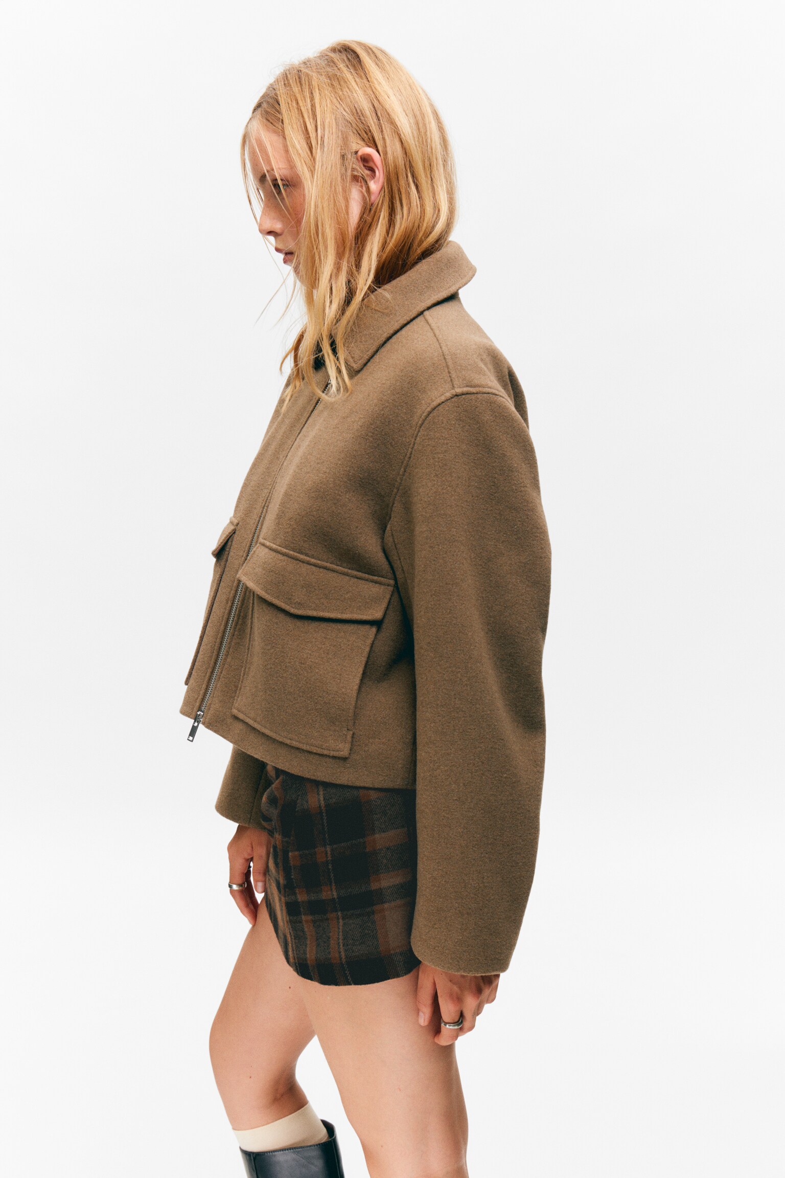 Cropped Boxy Zip Jakke - Soft Brown/Meleret mørkegrå/Mørkebrune tern - 3