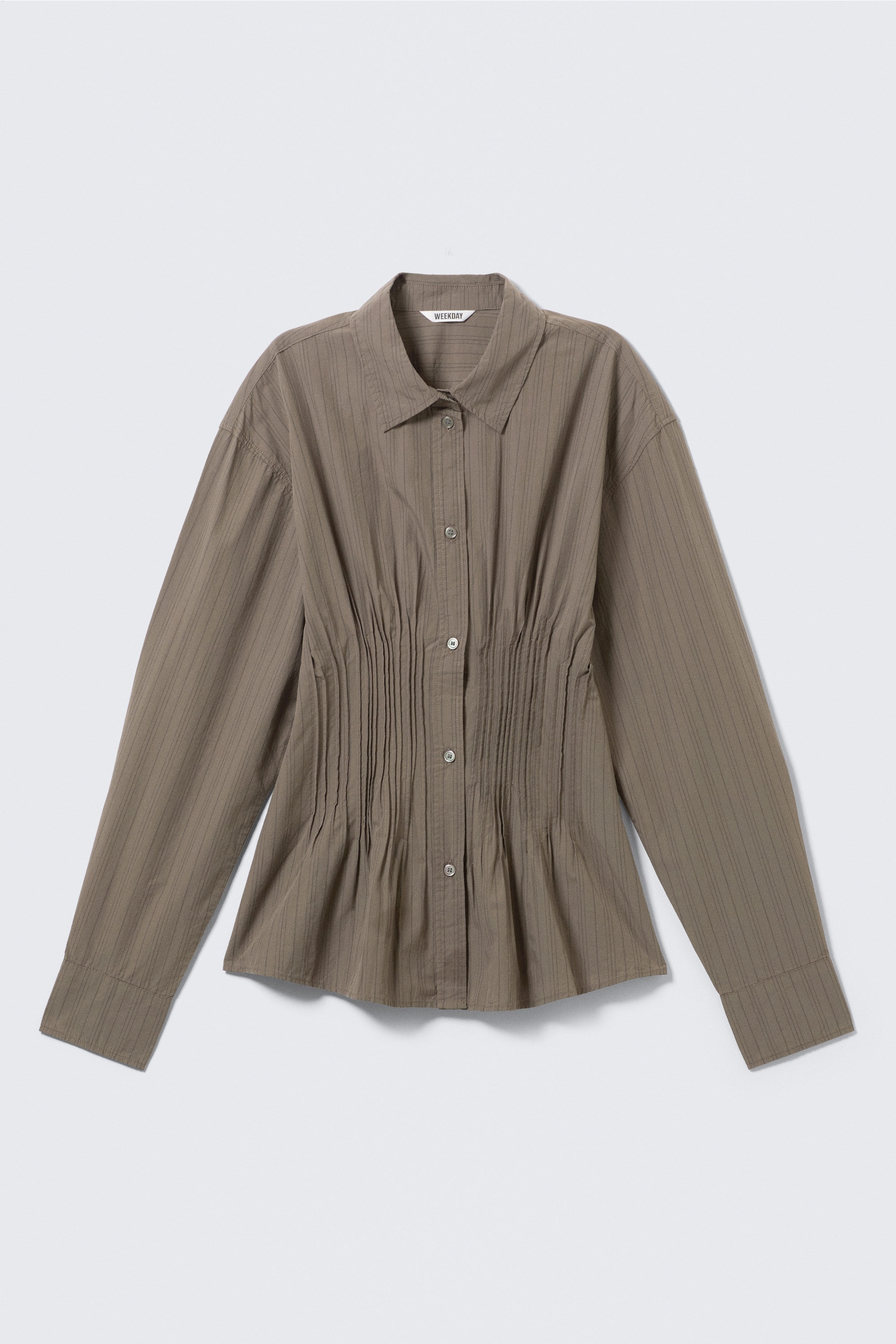 Striped Brown - Gathered Waist Cotton Poplin Shirt - 0