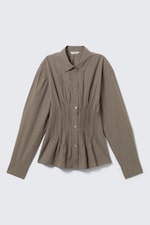 Striped Brown - Gathered Waist Cotton Poplin Shirt - 0