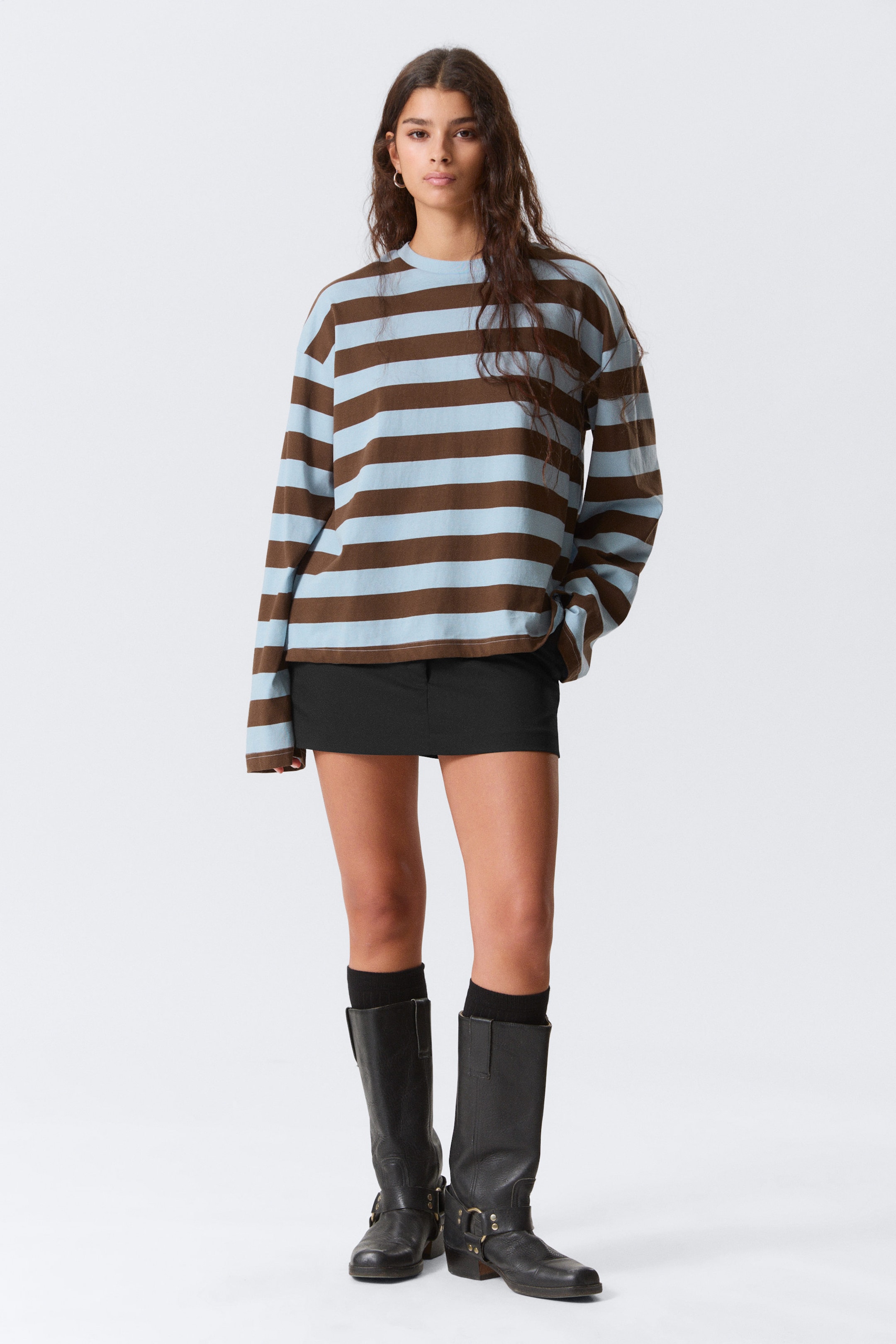 Blue/Brown Stripe - Long-Sleeved Cotton T-shirt - 2
